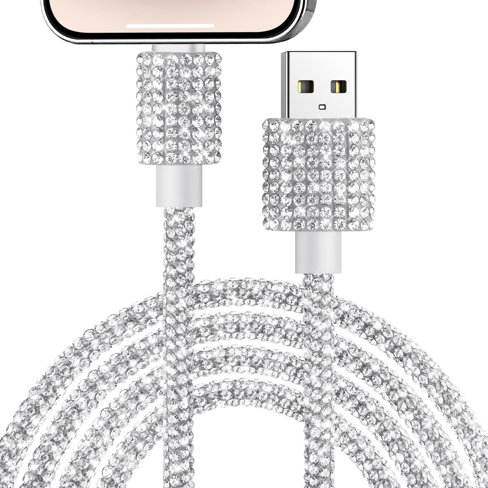 Vofolenfor iPhone Charger Cable 1.2M 60W for Fast Charger Cable Glitter Bling Sparkly USB for Phone Cord Wire for iPhone 14 13 12 11 Pro/Xs Max/X iPad, Outdoor, Car-White