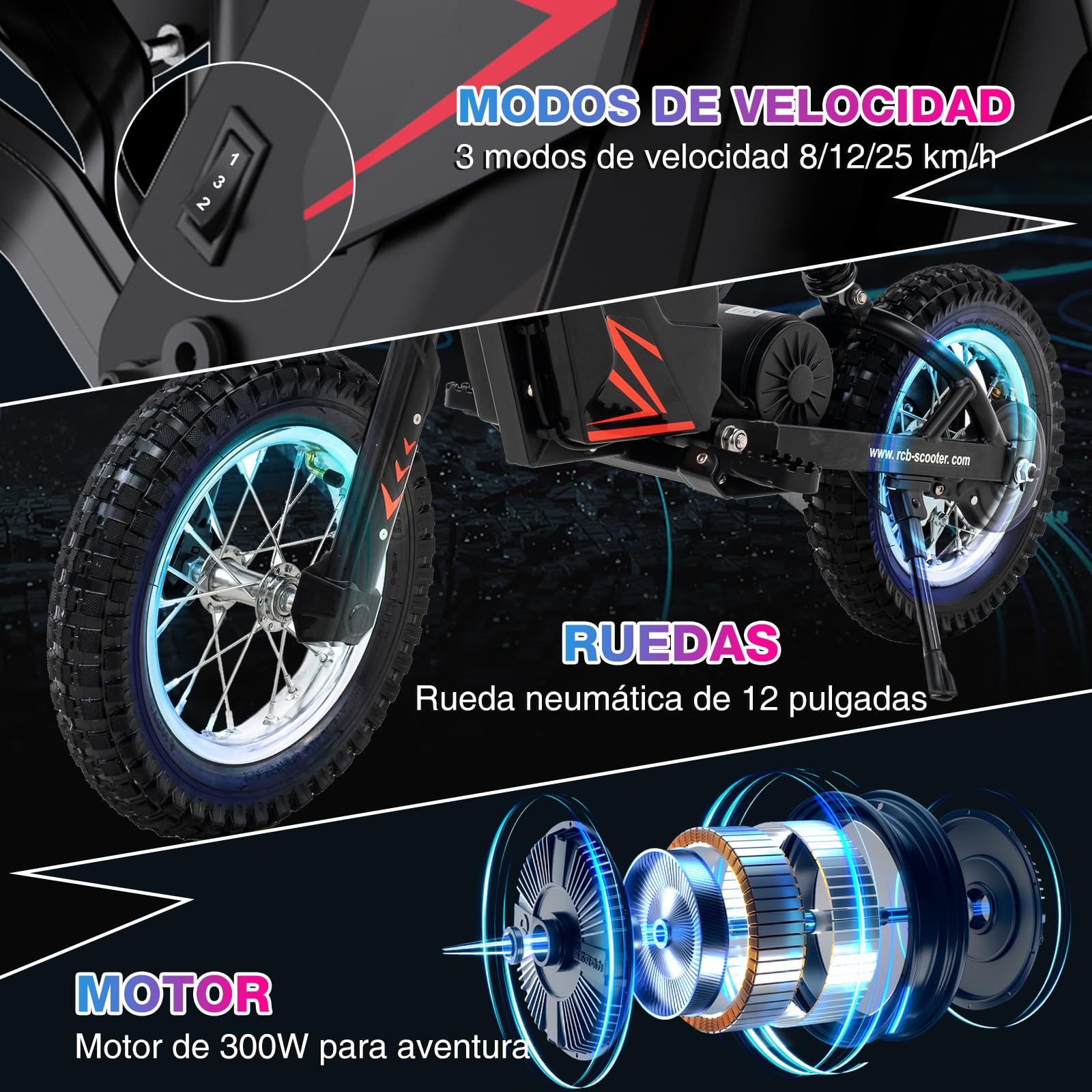 RCB R9X Moto Eléctrica Infantil, Neumáticos de 12 Pulgadas, Potente Motor, 3 Modos 8/12/25KMH, Autonomía máxima 17KM, Batería de 5,2 Ah, Motocross para niños 6+ años