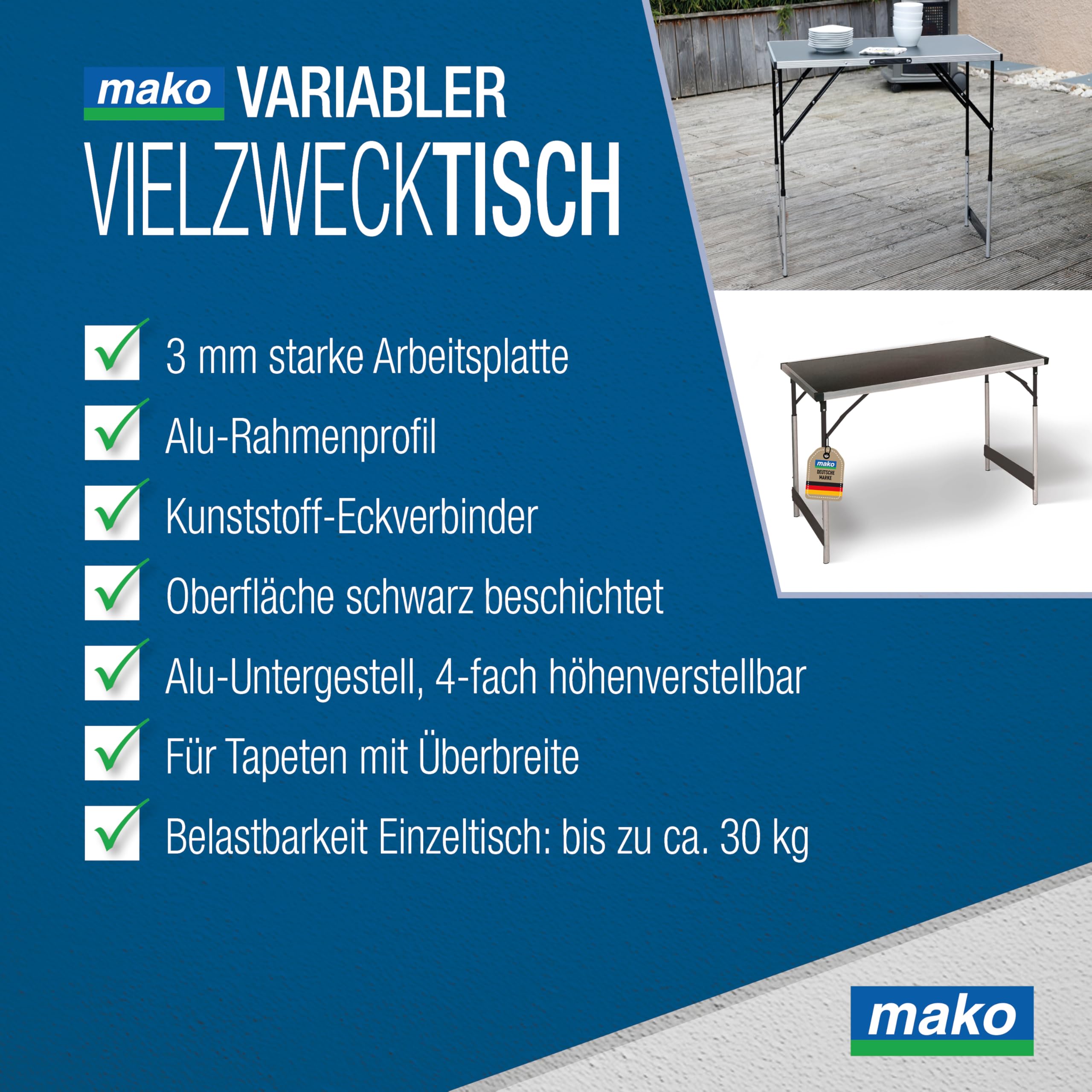 mako Multifunktionstisch Profi – Höhenverstellbarer Mehrzwecktisch 60 x 100 cm - Campingtisch, Klapptisch Markttisch, Beistelltisch zum Campen, im Garten oder für Festivals und Märkte
