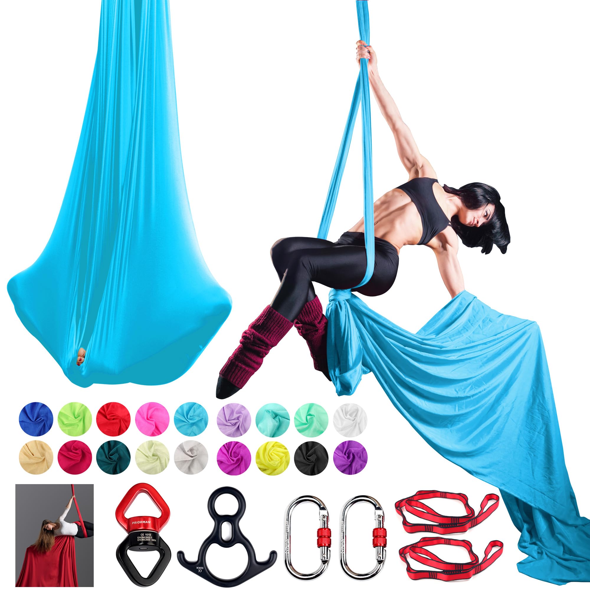 PRIORMANAerial Silks Set, Premium Ariel Yoga Hammock 9 Yards Aerial Silk, Low-Stretch Fabric, Yoga Starter Kit for Home, Aerial Rig for All Skill Levels - All Hardware Included