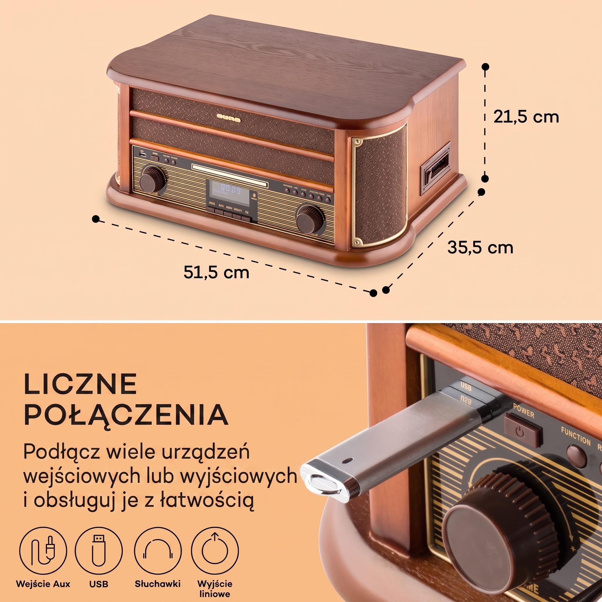 auna Belle Epoque 1908 - wieża retro, gramofon, system stereo, radio cyfrowe, tuner MP3, RDS, kaseta, port USB, CD, DAB+ i Bluetooth, brązowy