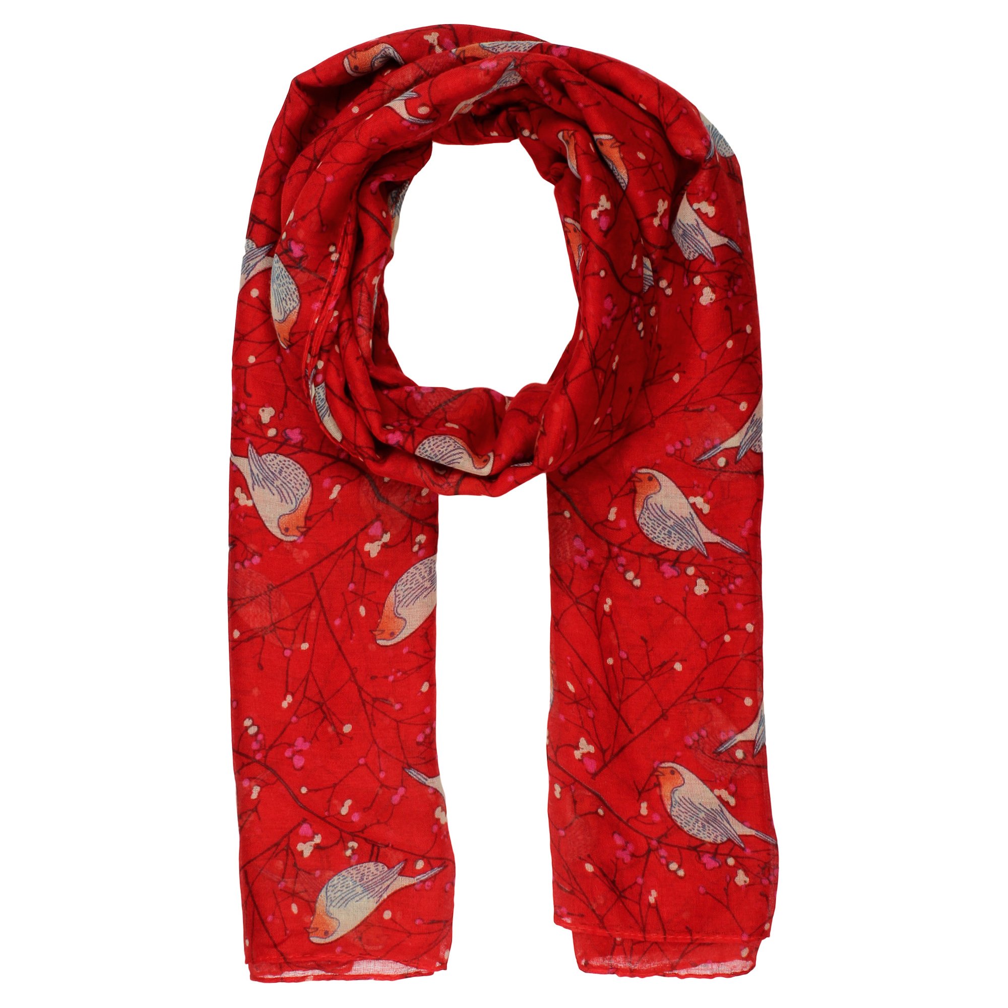World of Shawls Girls Lady Women Colorful Long Cute Robin Bird Print Scarf Wraps Shawl Soft Scarves Maxi (Red)