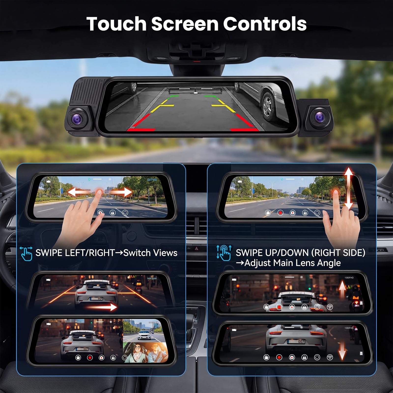 10" Espejo Retrovisor Dashcam Pantalla Tácti, Delantera Trasera Izquierda y Derecha 4cámaraStreaming Media con Tarjeta 64 G Lente Doble Súper Visión Nocturna, G-Sensor/Grabación en Bucle