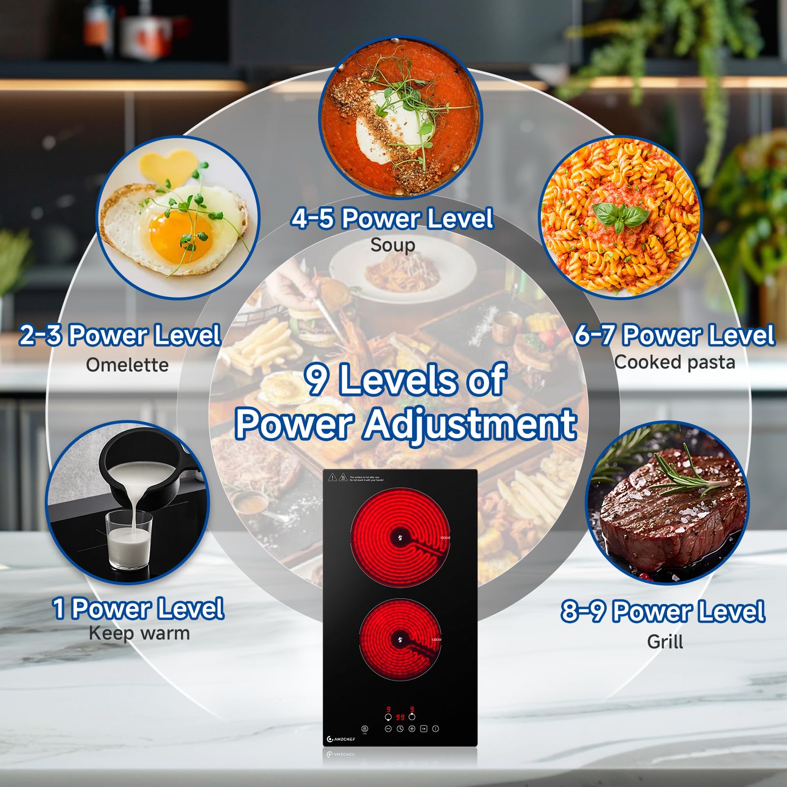 AMZCHEF Ceramic Hob 2 Zones, 3000W Electric Hob 2 Ring, Table Top & Built-in Dual installation, Plug and Play, 9 Power Levels, Timer & Pause Function, Child Lock, Easy Clean Frosted Glass Panel — view 3