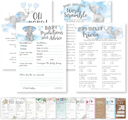 Hadley Designs Blue Elephant Baby Shower Games for Boys - 50 tarjetas, dos juegos de 25 juegos, 4 juegos de doble cara, tarjetas de predicción y