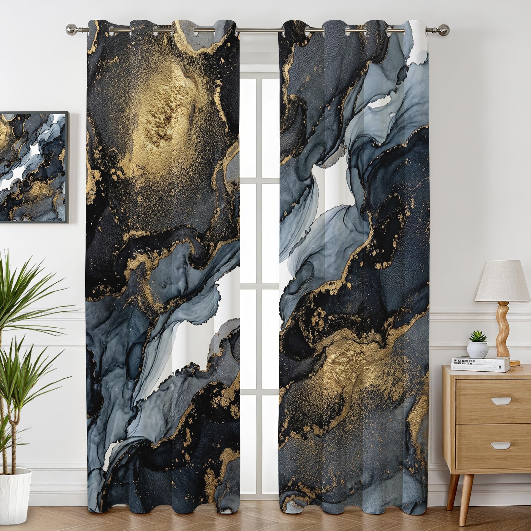Marmor Optik Schwarz Gold Vorhänge Blickdicht Gardinen mit ösen Luxus Abstrakt Modern Vorhang 160 cm Lang Verdunklungsvorhänge für Schlafzimmer Wohnzimmer Fenster Thermovorhang 2er Set