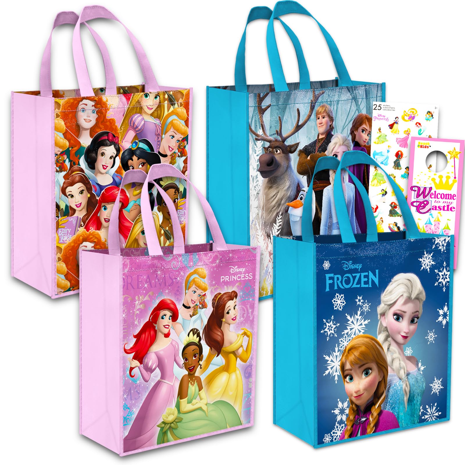 Disney Princess Tote Bag Set ~ Bundle of 5 Pc with 4 Reusable Grocery Bags, Disney Princess Stickers, and More | Princess Party Supplies and Favors