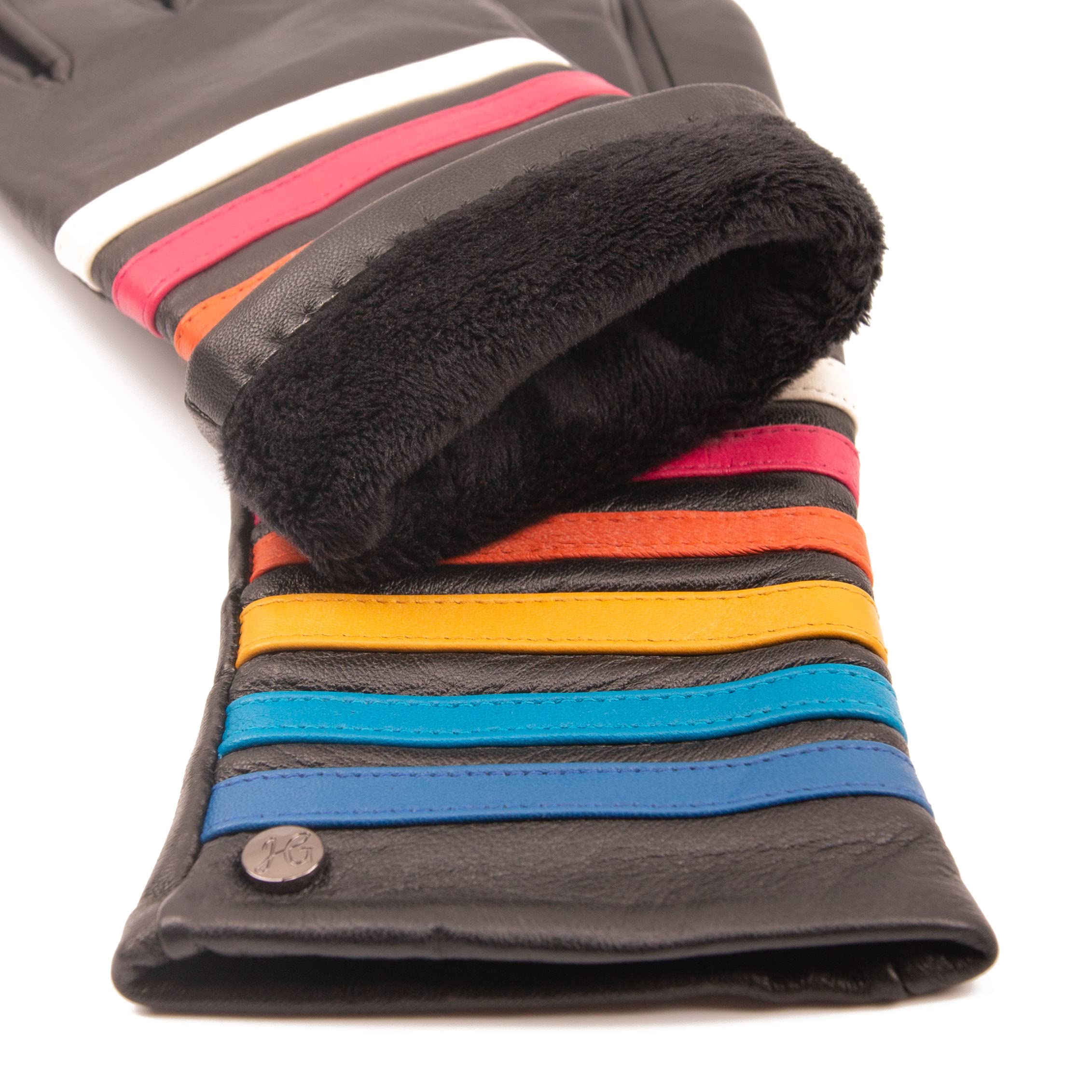 Ms PRIDE - Hochwertige Damen Lederhandschuhe gefüttert, Touchscreen Bedienung, Regenbogen Muster auf Handrücken, Lammnappa, Glattleder
