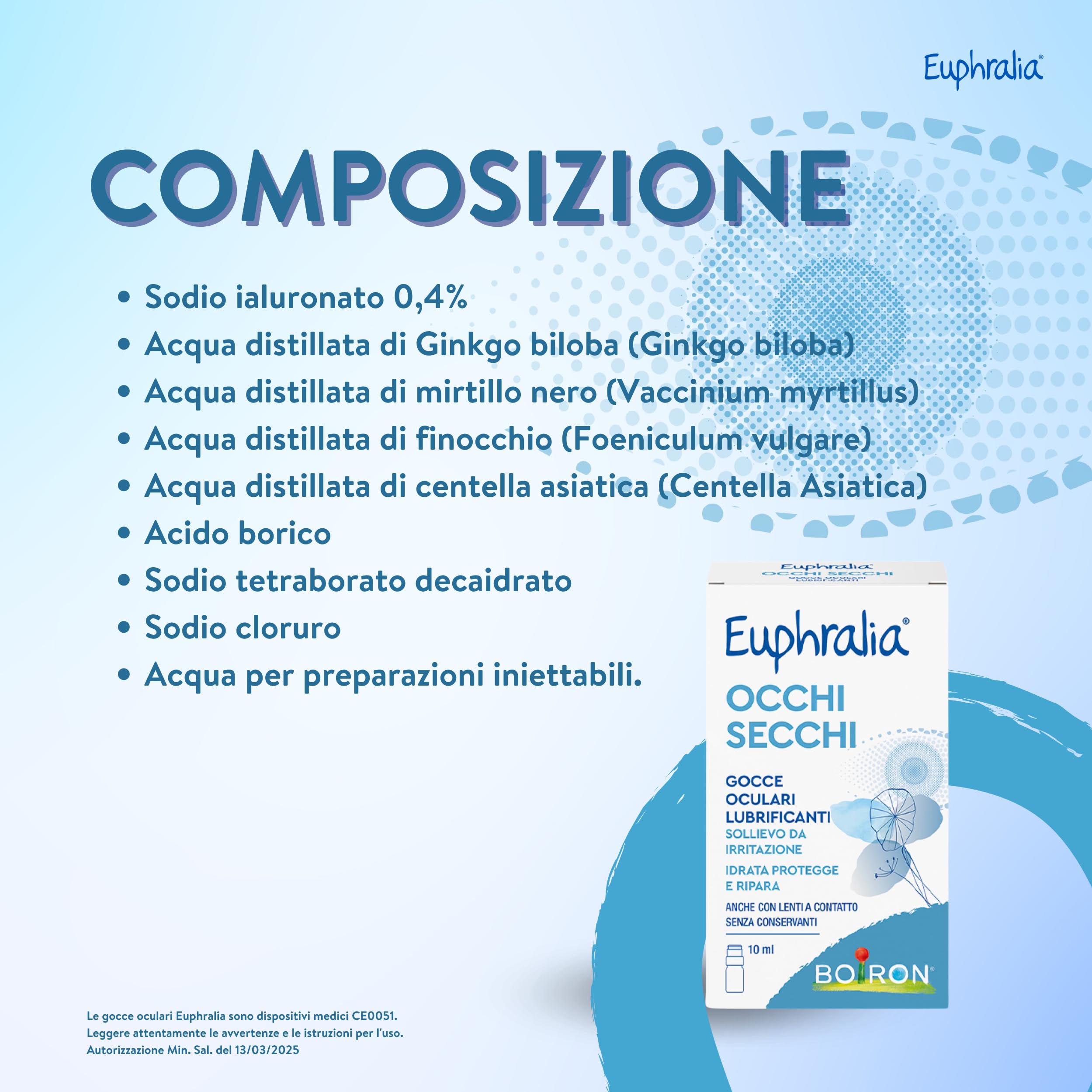 Euphralia Occhi Secchi - Gocce Oculari Lubrificanti, Rimedio contro Secchezza Oculare, Azione Protettrice e Riparatrice, con Acido Ialuronico, Ginkgo Biloba - Flacone da 10 ml + Panno Occhiali