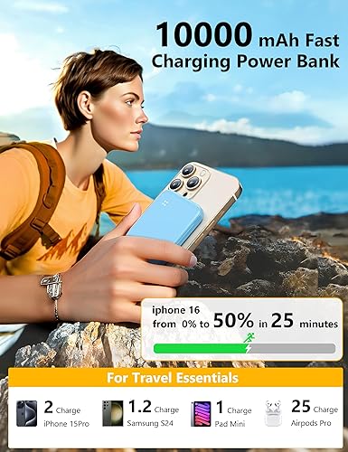 Miniatura 5 de Alongza Cargador portátil con cables integrados y enchufe de pared de CA, cargador de batería delgada de carga rápida de 10000 mAh, batería externa