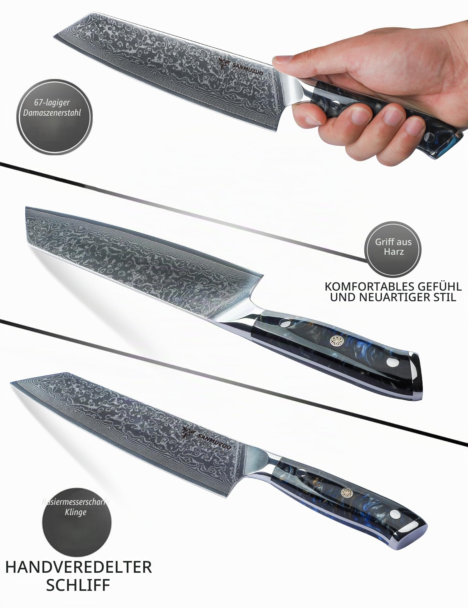 Kiritsuke Damastmesser, 22cm Kochmesser, Xuan Serie, VG10 Damaskus Stahl Küchenmesser, Harzgriff(Sternenschwarz)