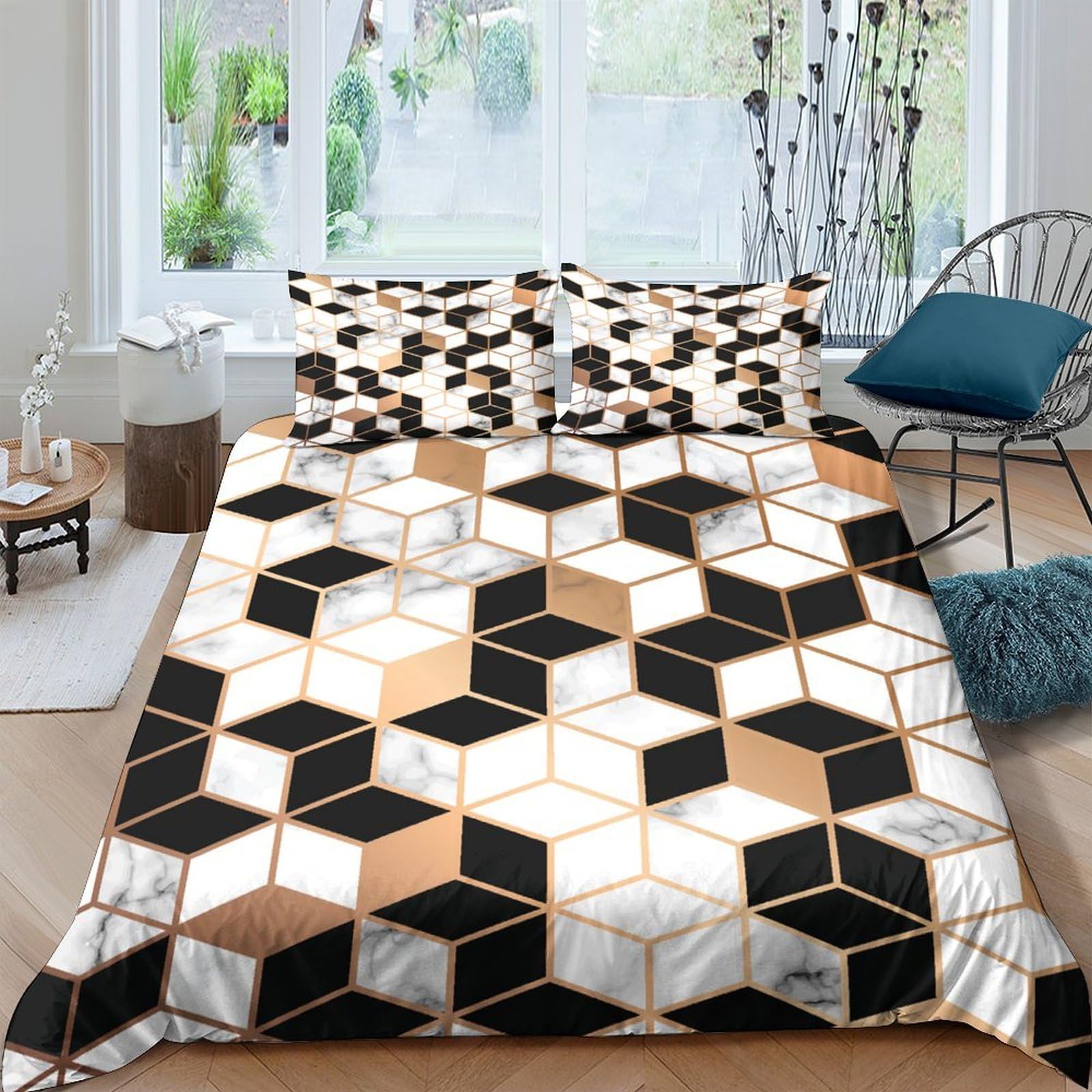 Ctjqhvkz Style-5 3D Printed Geometric Marble Fitted Sheet Microfiber Soft Black Gold Cube Bed Cover For Bedroom Guest Room Decor Single（135X200cm）