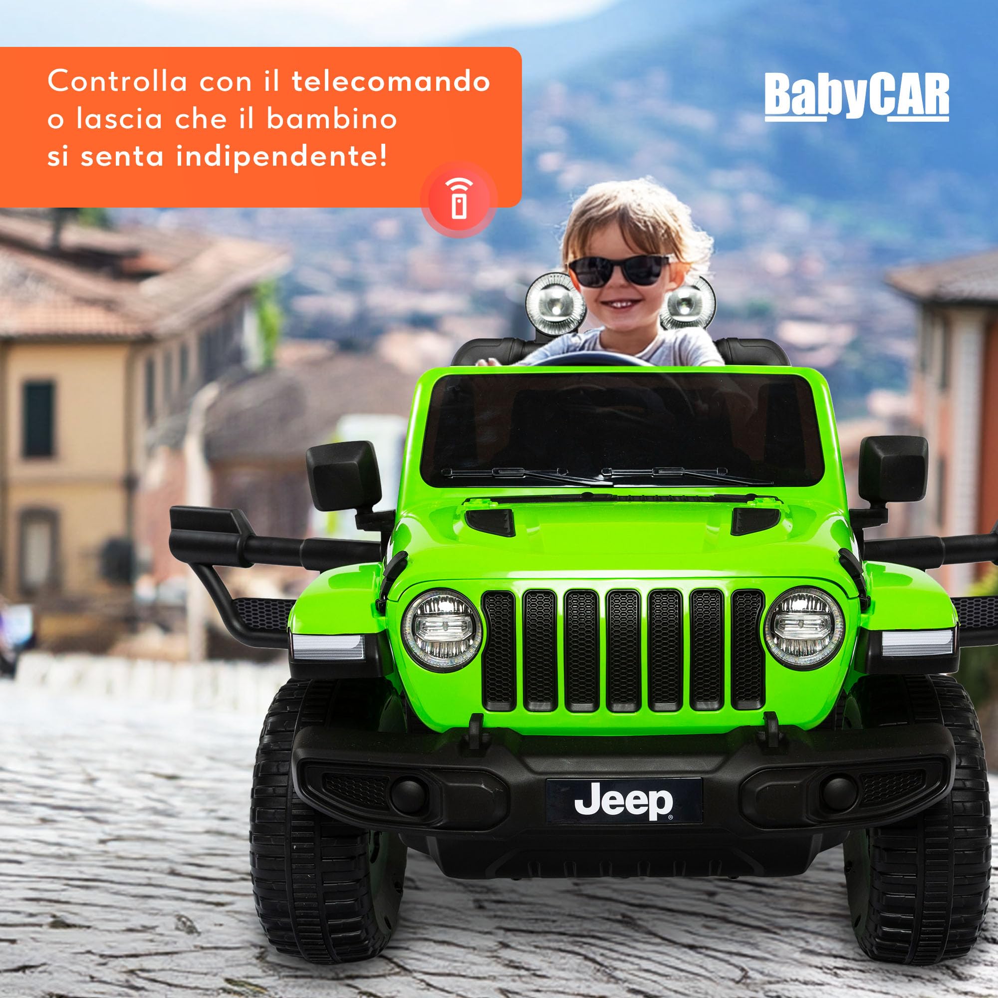 BabyCar Jeep Elettrica Per Bambini | Auto con Sedili in Pelle, Porte Apribili, MP3/USB/Micro SD | Macchina Elettrica per Bambini 12V con 2 Motori 35W | Licenza Ufficiale Jeep | Verde