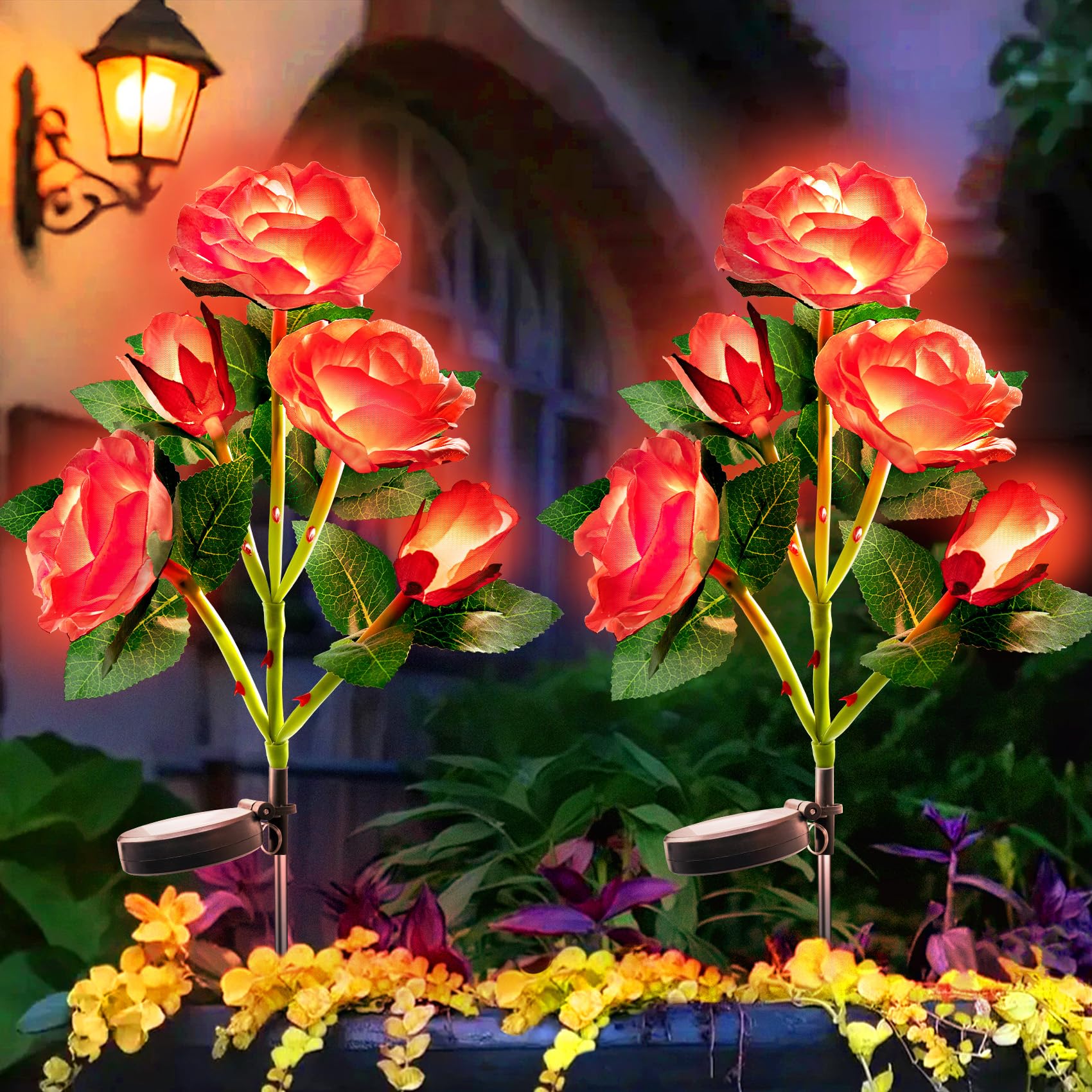 Anordsem Solar Garden Lights Outdoor: 10 Waterproof Fabric Roses 2 Pack - Red LED Flower Decorations for Yard Patio Path Cemetery Grave - Valentine's Day Gifts for Her Women Mom Wife