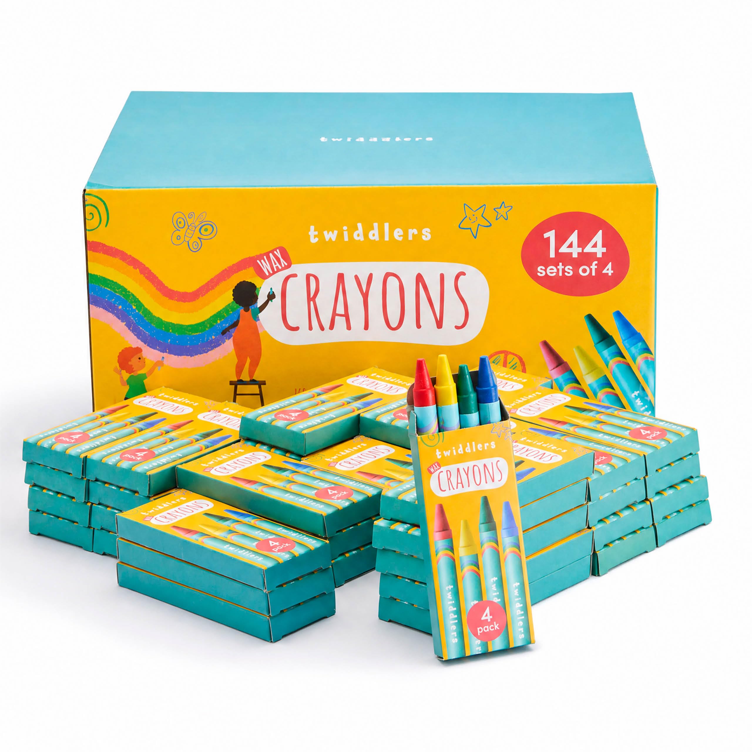 THE TWIDDLERS Bulk Crayons 576 Count, 144 Packs of 4 Colors Mini Crayons | Individually Wrapped Packs of 4 Non-Toxic Coloring Crayons for Party Favors, Schools, Teachers, Back to School Supplies