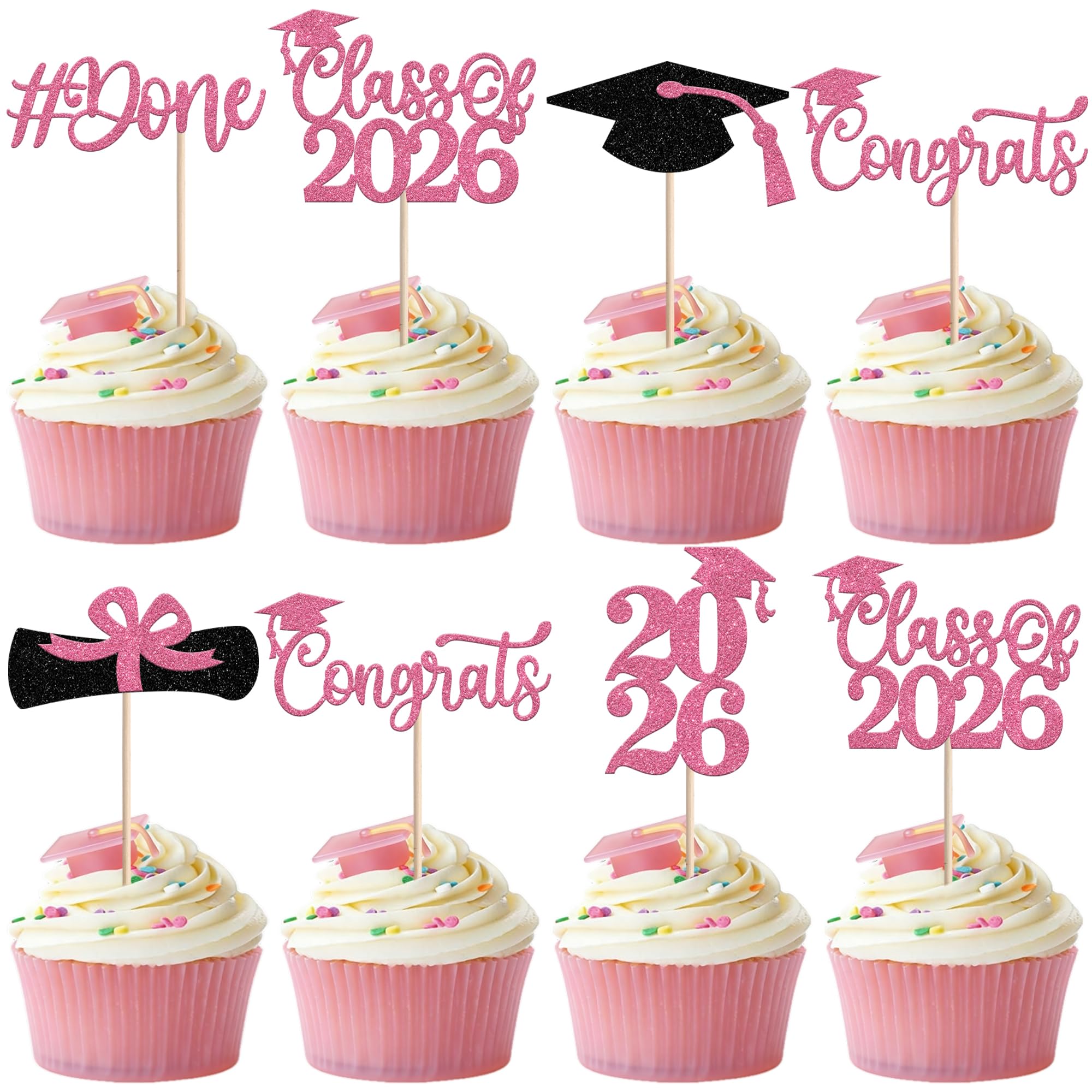 Xsstarmi 24 Pack Congrats Grad Cupcake Toppers Pink Glitter Diploma Done Cupcake Picks Class of 2026 Cake Decorations for 2026 Graduation Party Cake Decoration Supplies