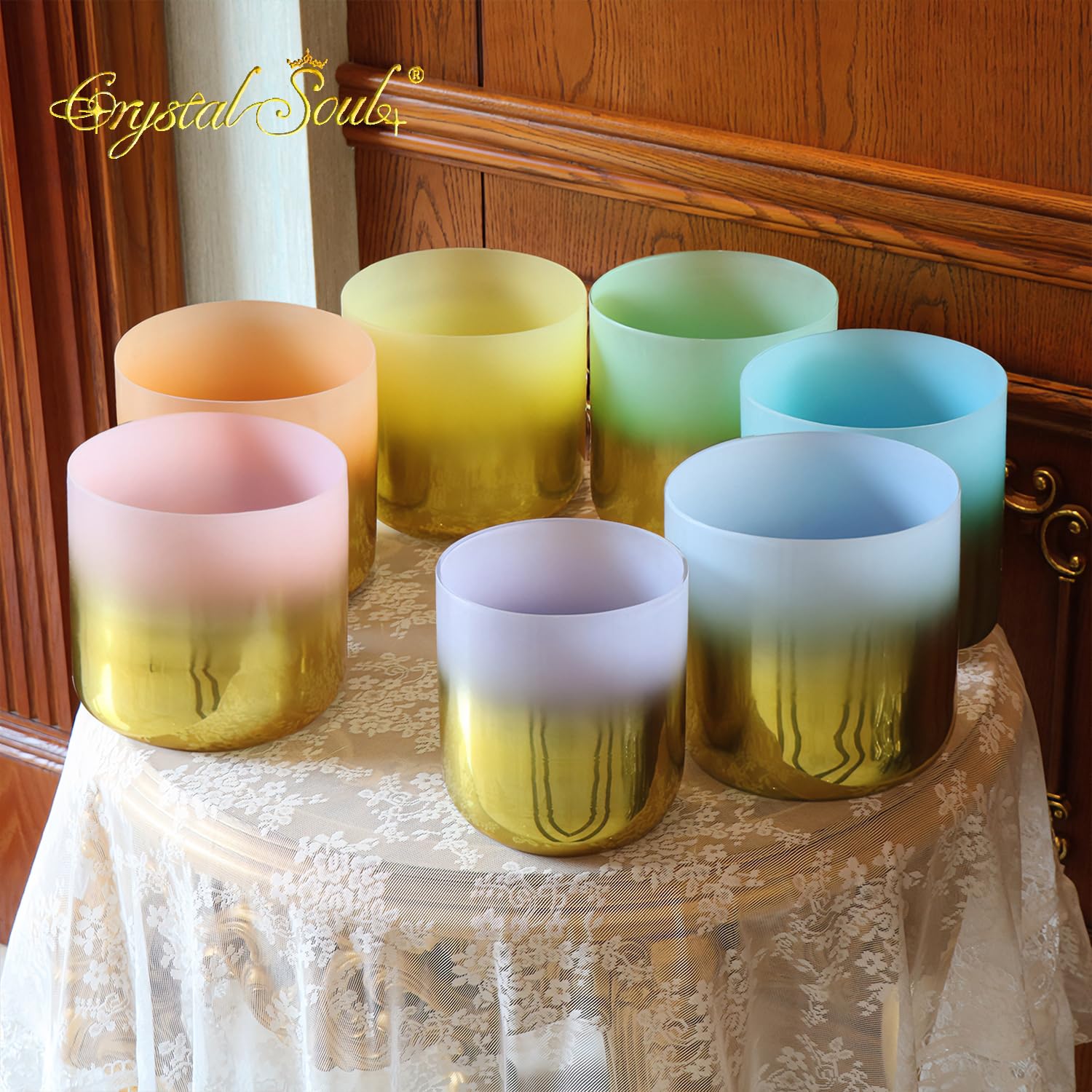 Crystal Soul Sacred Gold Kristall-Klangschalen-Set, CDEFGAB, 14 - 17,8 cm