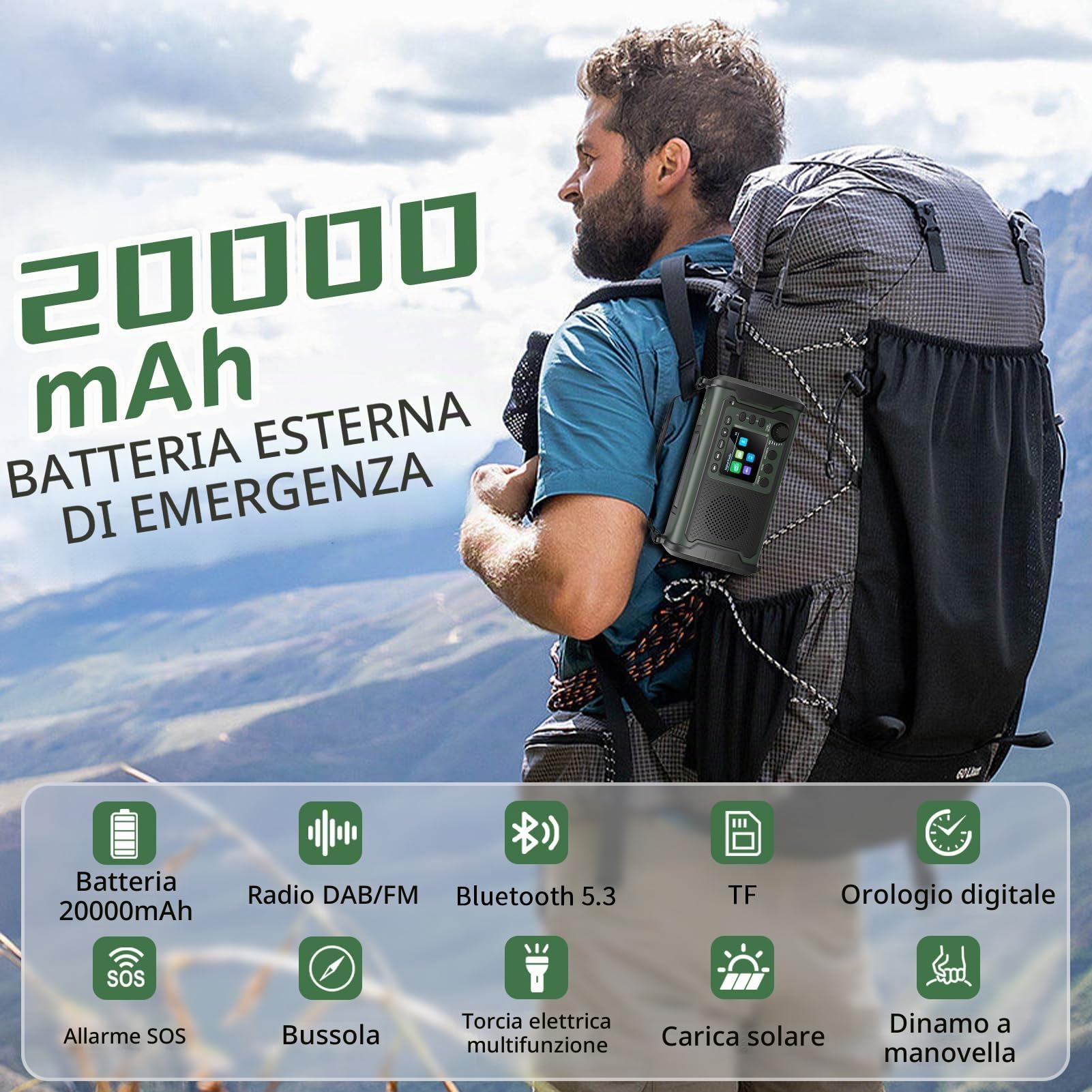 Radio di Emergenza DAB+/FM 20000mAh con Powerbank, Solare e Manovella | Bluetooth 5.3, SOS, Torcia e Luce da Lettura per Casa, Campeggio, Camper e Blackout, Verde Militare
