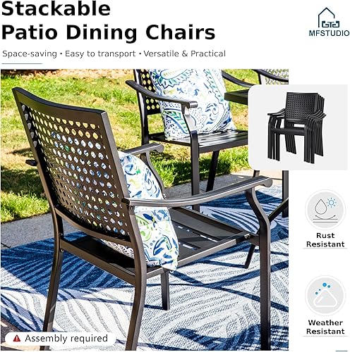 Miniatura 6 de MFSTUDIO 4 sillas de comedor negras para patio, sillas apilables de malla metálica para exteriores con brazo para jardín, piscina, patio trasero,