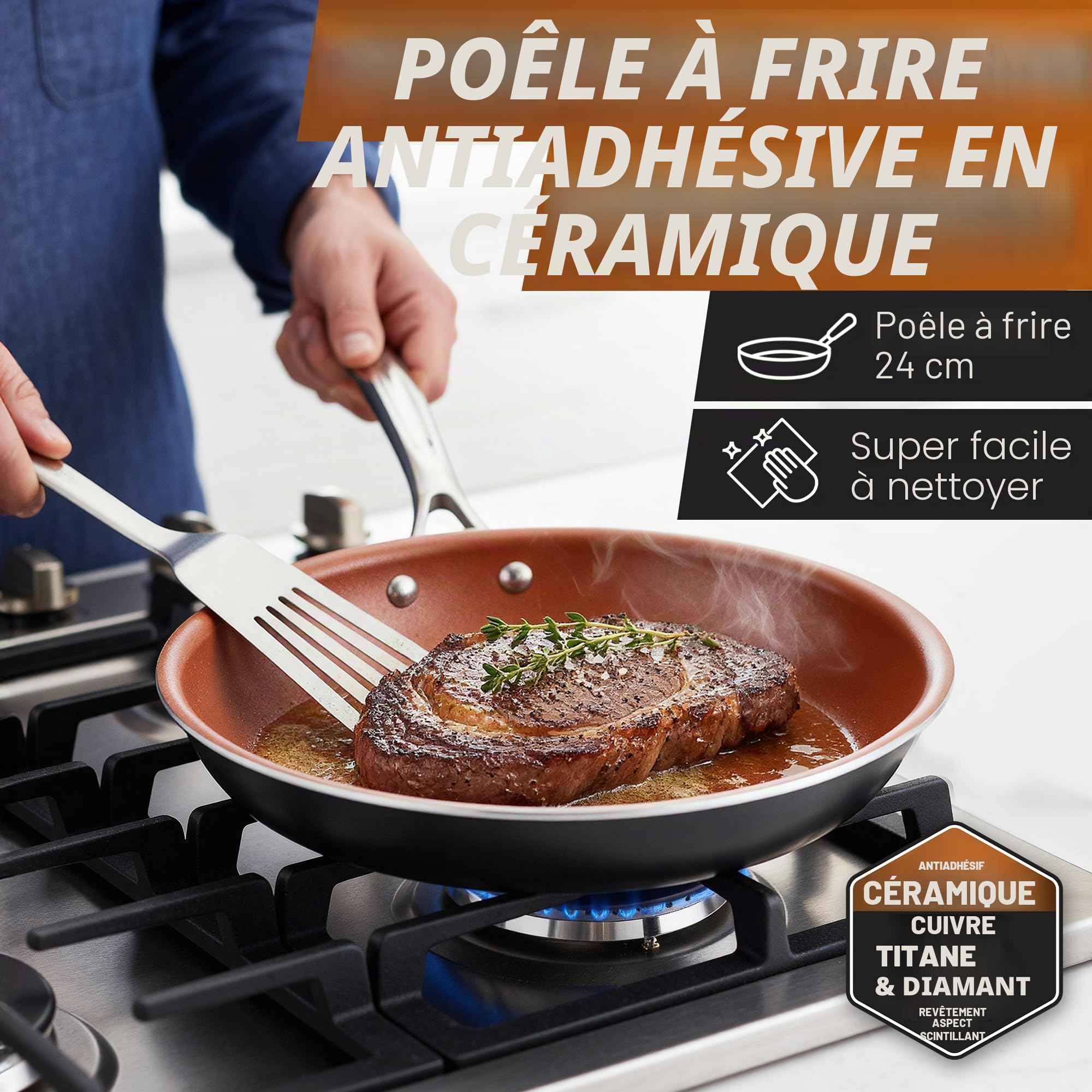 Ensemble de 20 casseroles et poêles Gotham Steel, Batterie de Cuisine complète et ustensiles de Cuisson | Revêtement céramique antiadhésif en cuivre : poêles à Frire