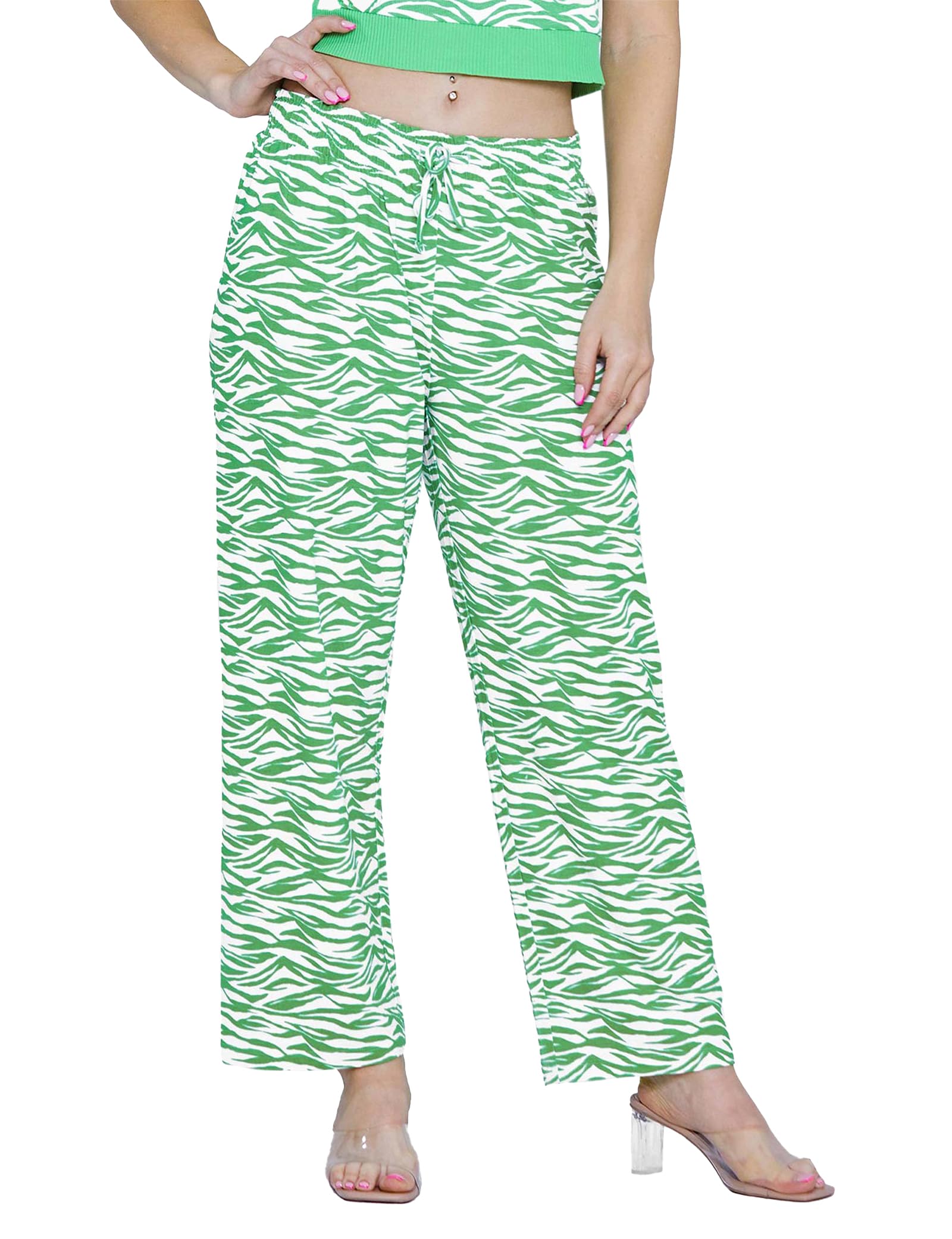 Enorsia Women's Green Zebra Print Straight Leg Trousers - Uk 14