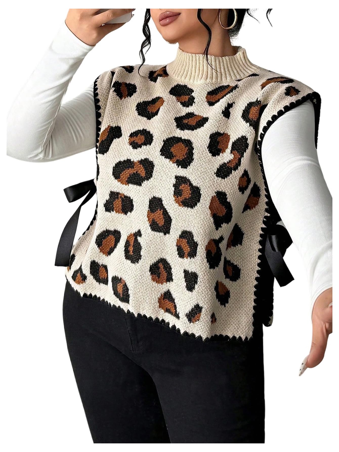 SOLY HUX Womens Plus Size Leopard Sweater Vest Cheetah Print Bow Tie Side Mock Neck Sleeveless Knit Going