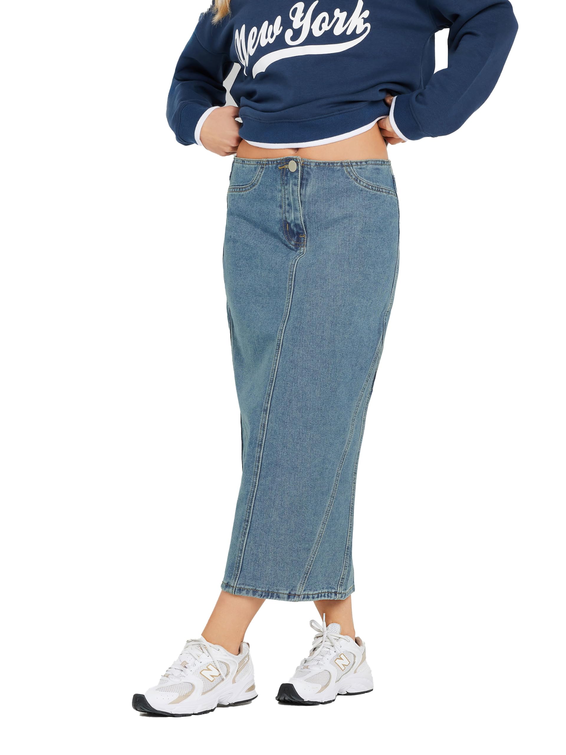 PixieGirl Petite Light Blue Denim Seam Cotton Midi Skirt Petite