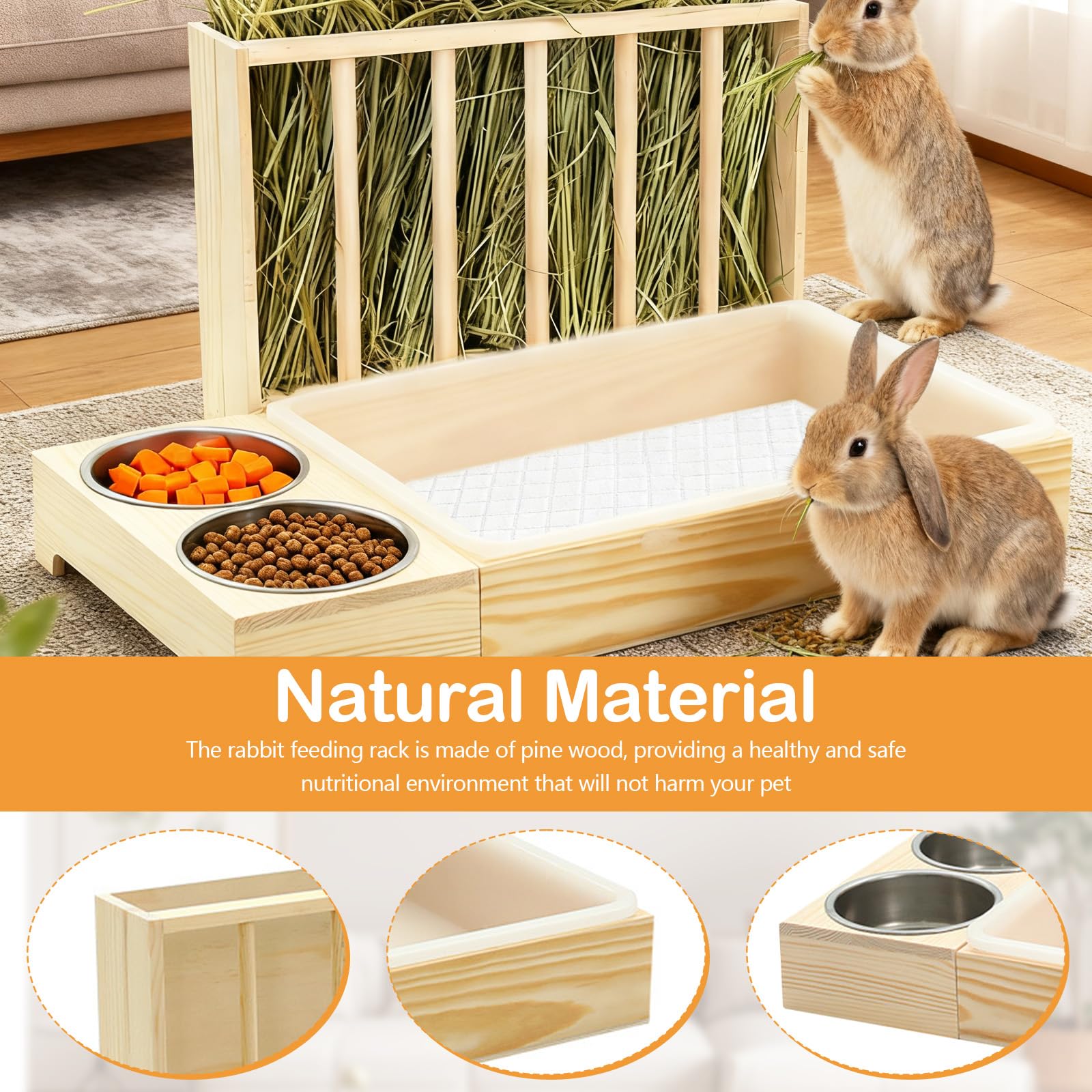 Râtelier à Foin en Bois, Grand Râtelier à Foin Multifonction avec Toilettes et Gamelle Mangeur de Foin de Lapin Support à Nourriture en Herbe pour Lapins Nains Cochons d'Inde Hamsters