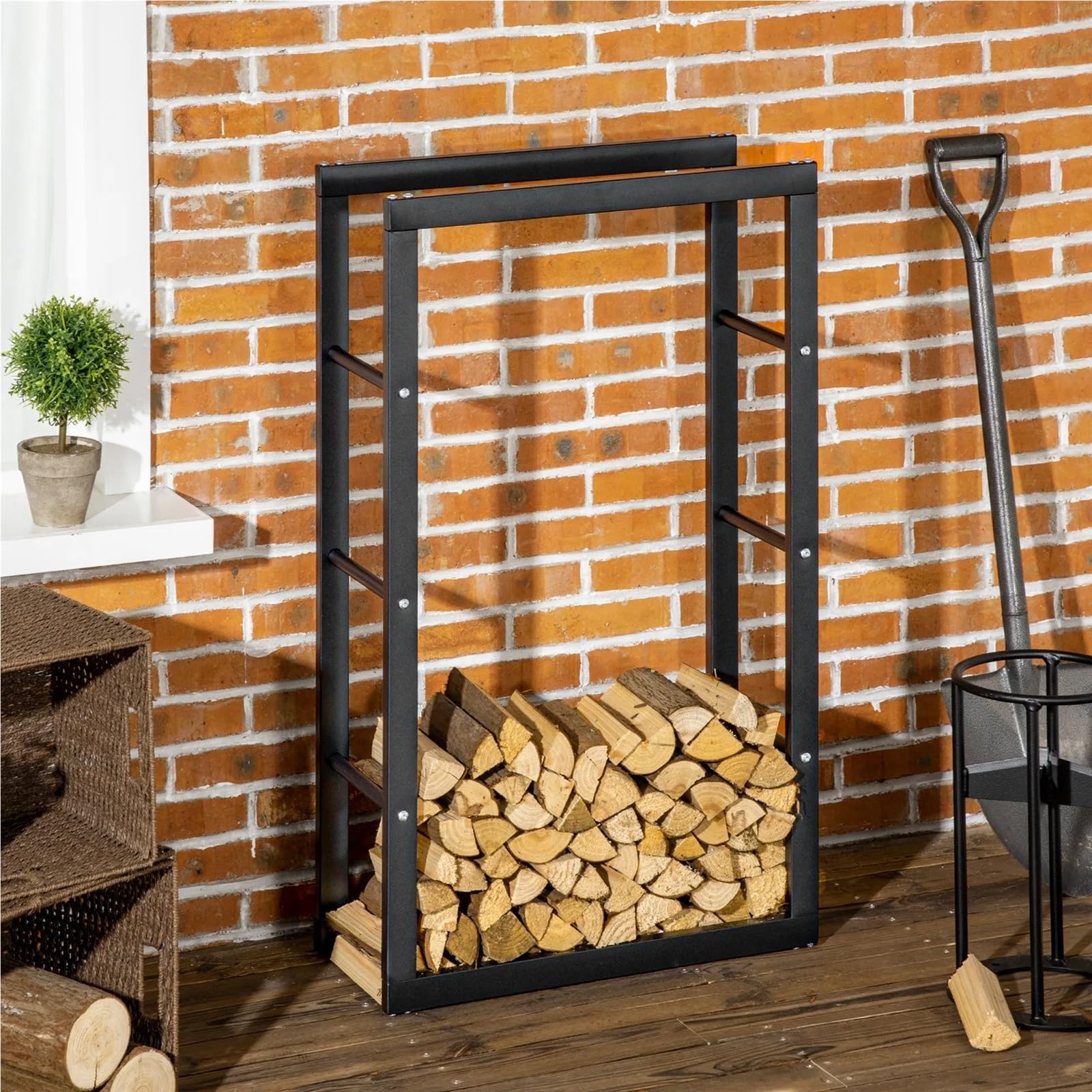 Stojak na drewno kominkowe, Metalowy stojak na drewno opałowe z bocznymi szynami, czarny, 100x60x25 cm, do użytku wewnątrz i zewnątrz