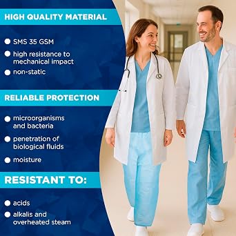 EZGOODZ Blue Disposable Scrub Pants, Large Pack of 50 SMS Disposable Pants Medical with Waist Ties. Breathable Scrubs for Women and Men for Laboratories, Cleaning