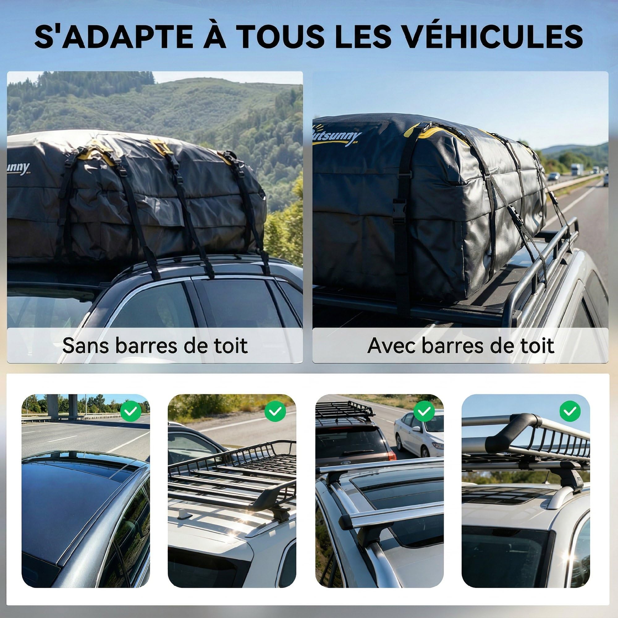 Outsunny Sac de Toit Voiture Étanche 21 Pieds Cubes Coffre de Toit Souple Universel - Grand Sac de Voyage avec 10 Sangles et Cadenas - Porte-Bagages de Toit pour Auto SUV et Camping en Famille, Noir