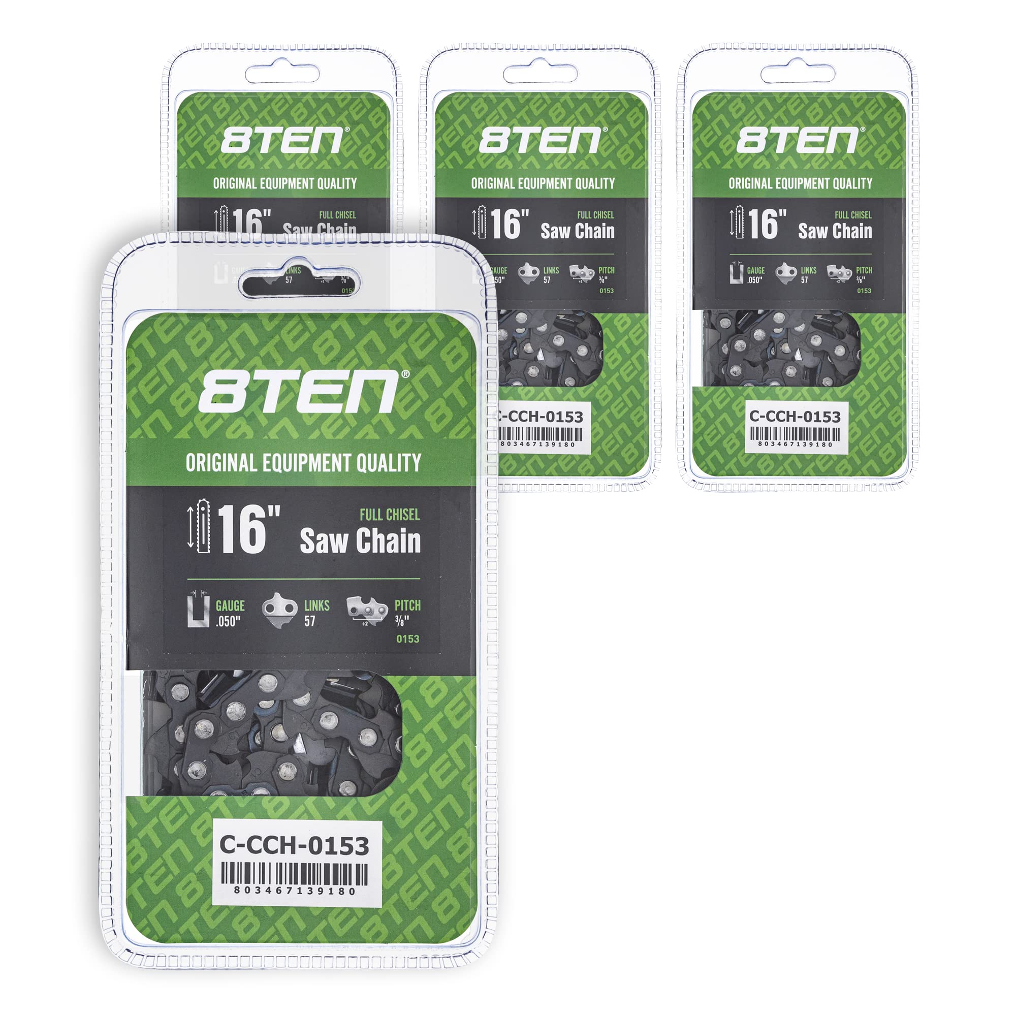 8TEN Full Chisel Chainsaw Chain 16 Inch .050 3/8 57DL for Echo CS-370 CS-400 Craftsman Shindaiwa 345 (4 Pack)