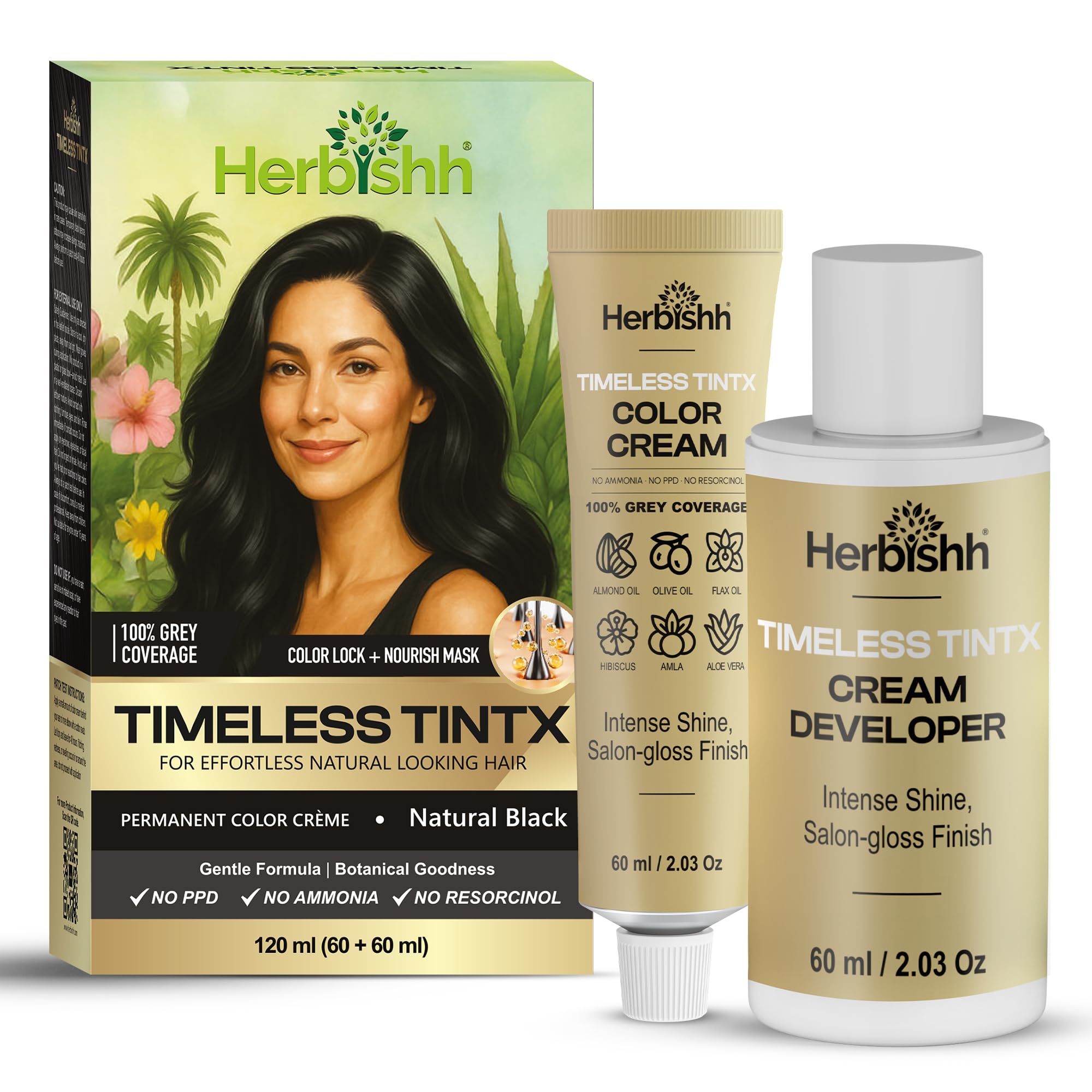 Herbishh Timeless TintX Natural Black Hair Color (120 ml) | 100% Grey Coverage | Permanent Crème Hair Colour for Women & Men | Free from PPD, Ammonia & Resorcinol