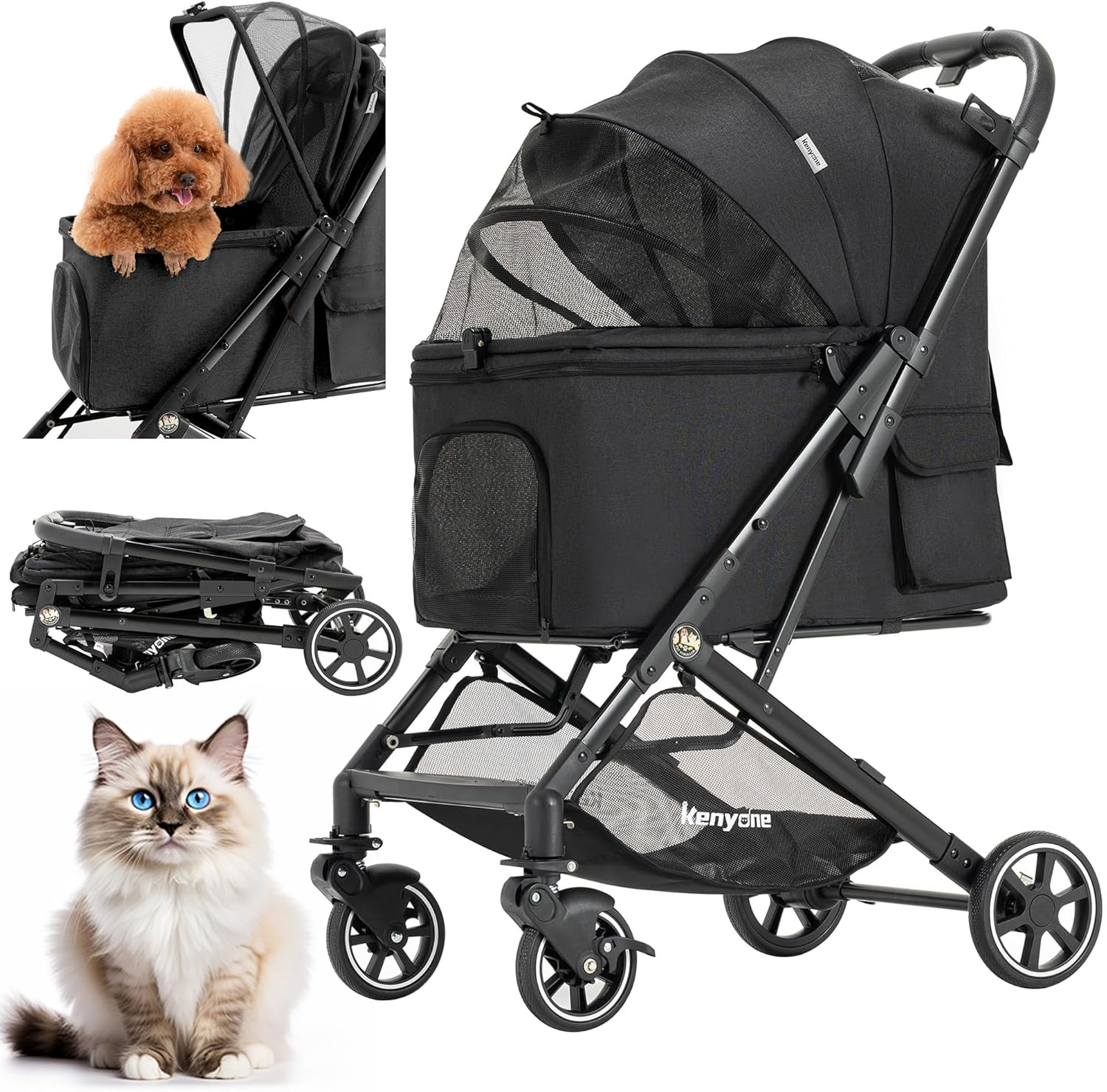 Medium Dog Stroller, Kenyone Pet Stroller for Medium Dogs Up to 55lbs, Lightweight Aluminum Frame, One Click Folding, Large Cat Stroller with No Zip Entry, Detachable Mesh, Multiple Pockets Black