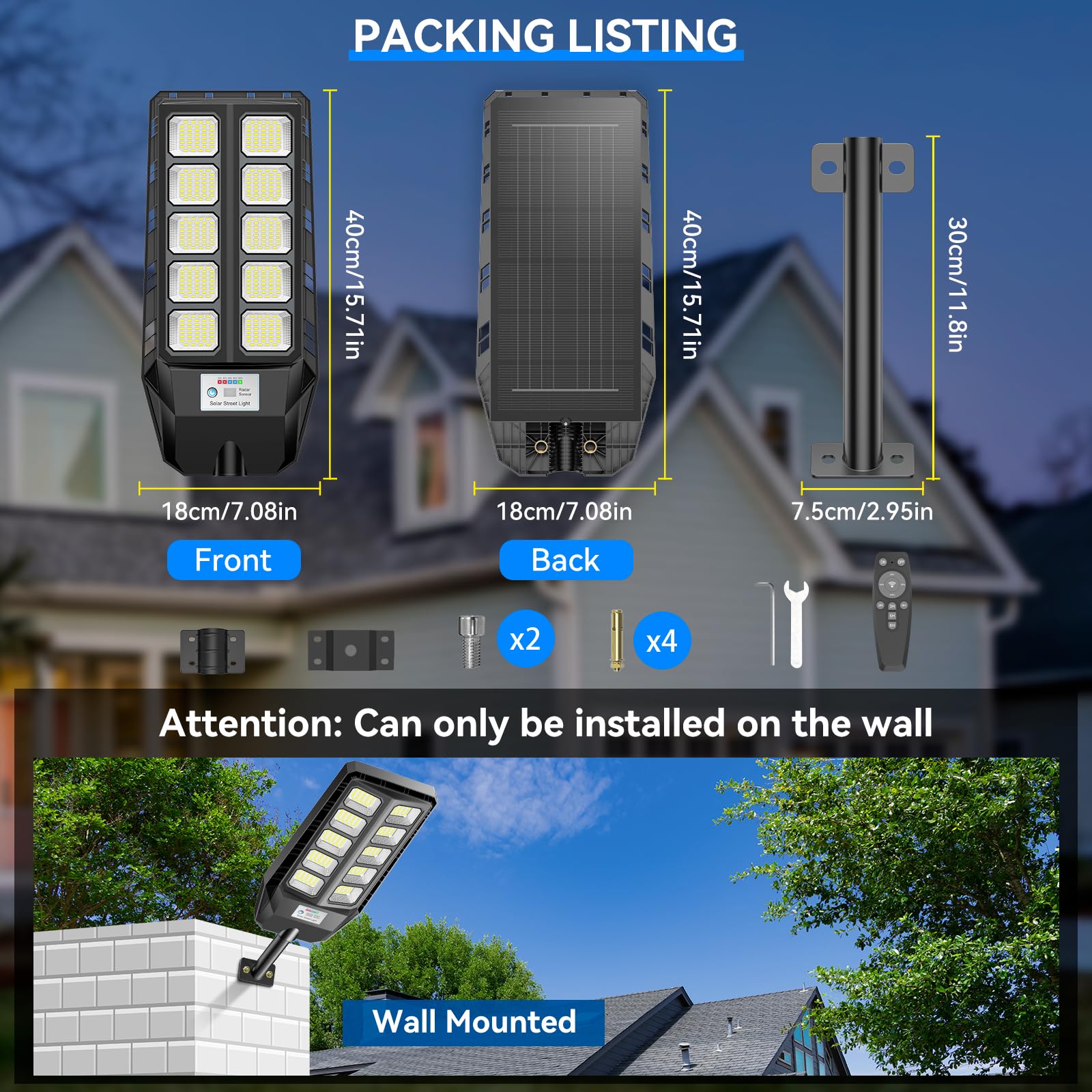 Adewalk 600W Lampione Solare Led Esterno con Telecomando, IP66 Impermeabile Lampada Stradale Solare con Sensore di Movimento, 6500K Super Bright Lampioni da Giardino Esterno Solari per Garage Strada