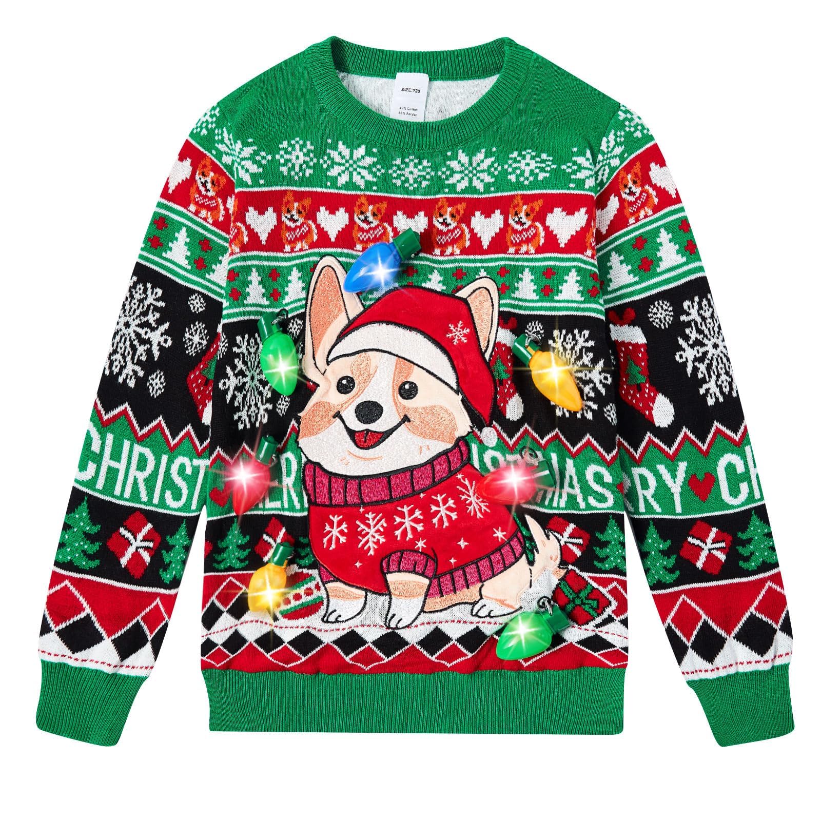 uideazone Girls Boys Kids Christmas Ugly Sweater LED Light Up Reindeer Xmas Light String Pullover 5-12 Years