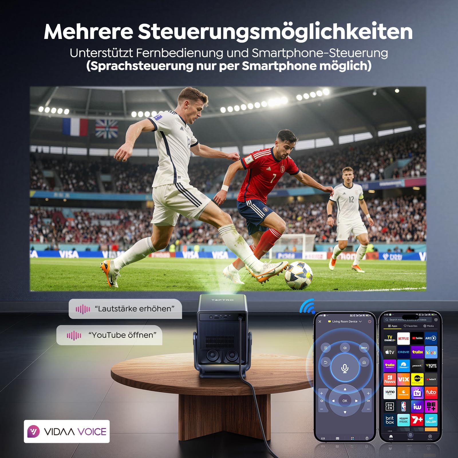 Beamer 4K [Schnellste VIDAA OS] Kompatibel mit Netflix & Dolby Audio, 1400ANSI 1080P Smart Beamer Heimkino Autofokus Trapezkorrektur, WiFi 6 & Bluetooth 5.4, 200°Drehbar Tragbarer Outdoor Projektor