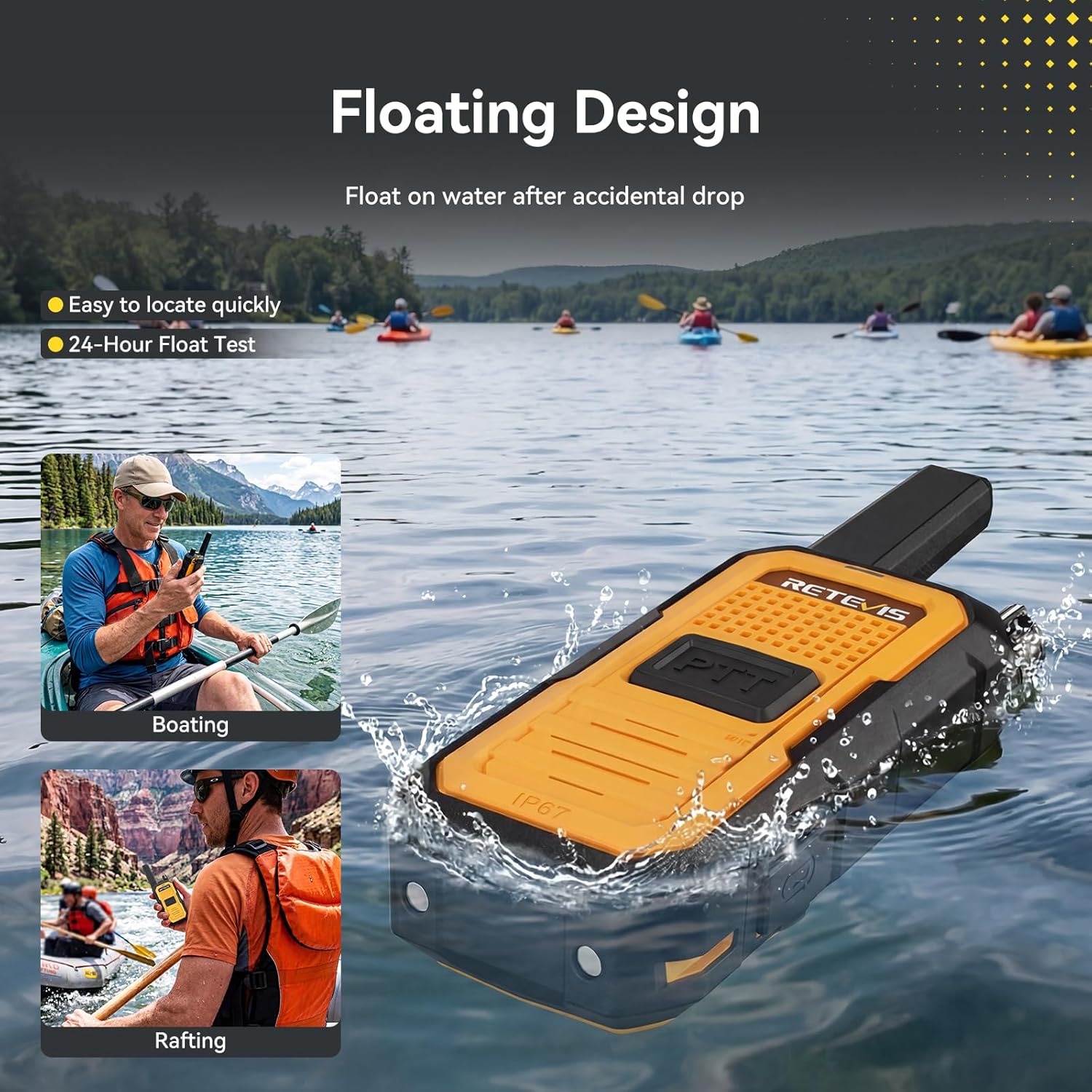 Retevis RB48A Floating Waterproof Walkie Talkies Long Range, Heavy Duty-FRS-Noise Reduction Two-Way Radios with Earpieces, IP67, NOAA Weather Alerts, 23-Hour Rechargeable Battery (2 Pack)