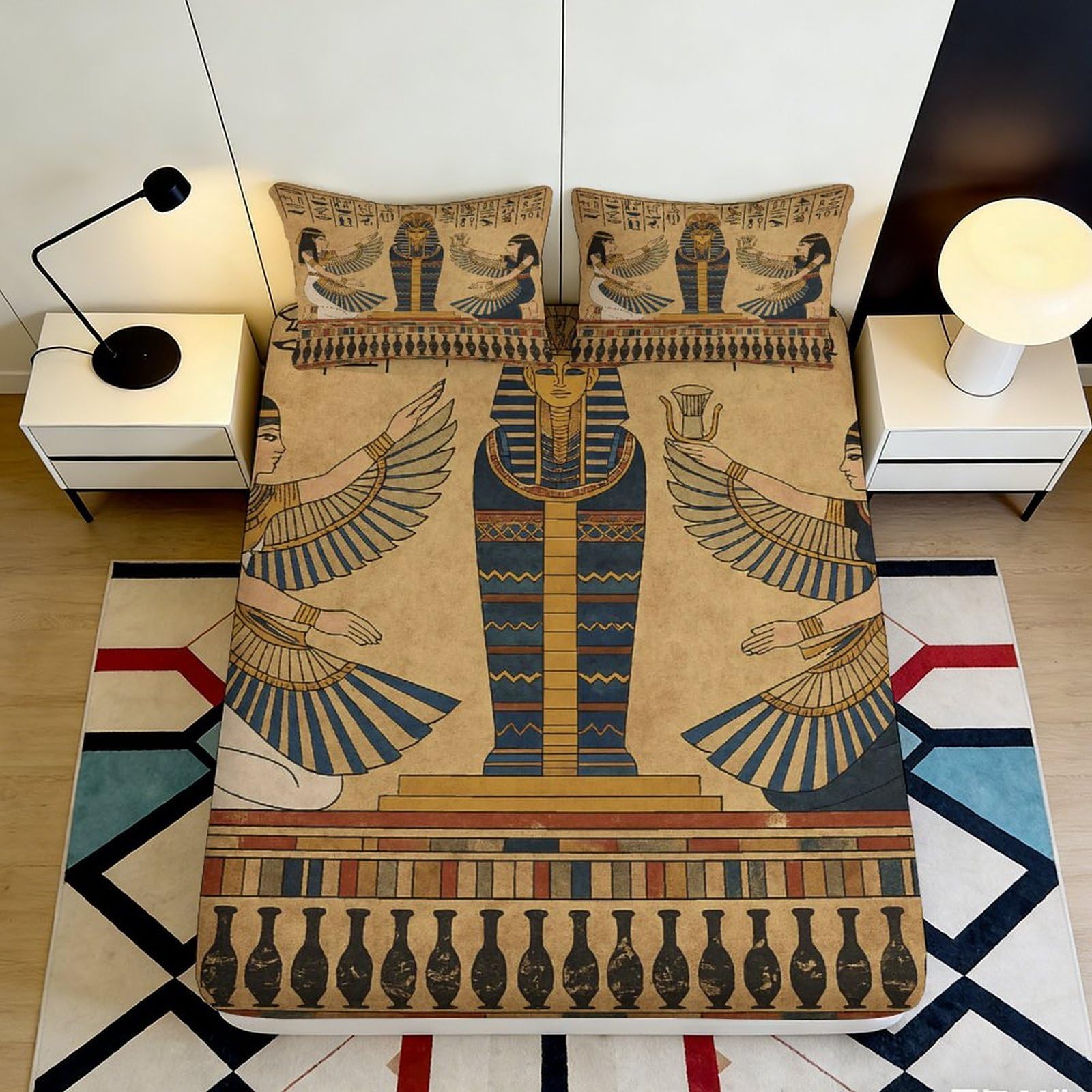 3D Printed Egyptian Pharaoh Fitted Sheet Microfiber Soft Breathable Ancient Goddess Bed Cover for Bedroom Decor 90x200x25cm