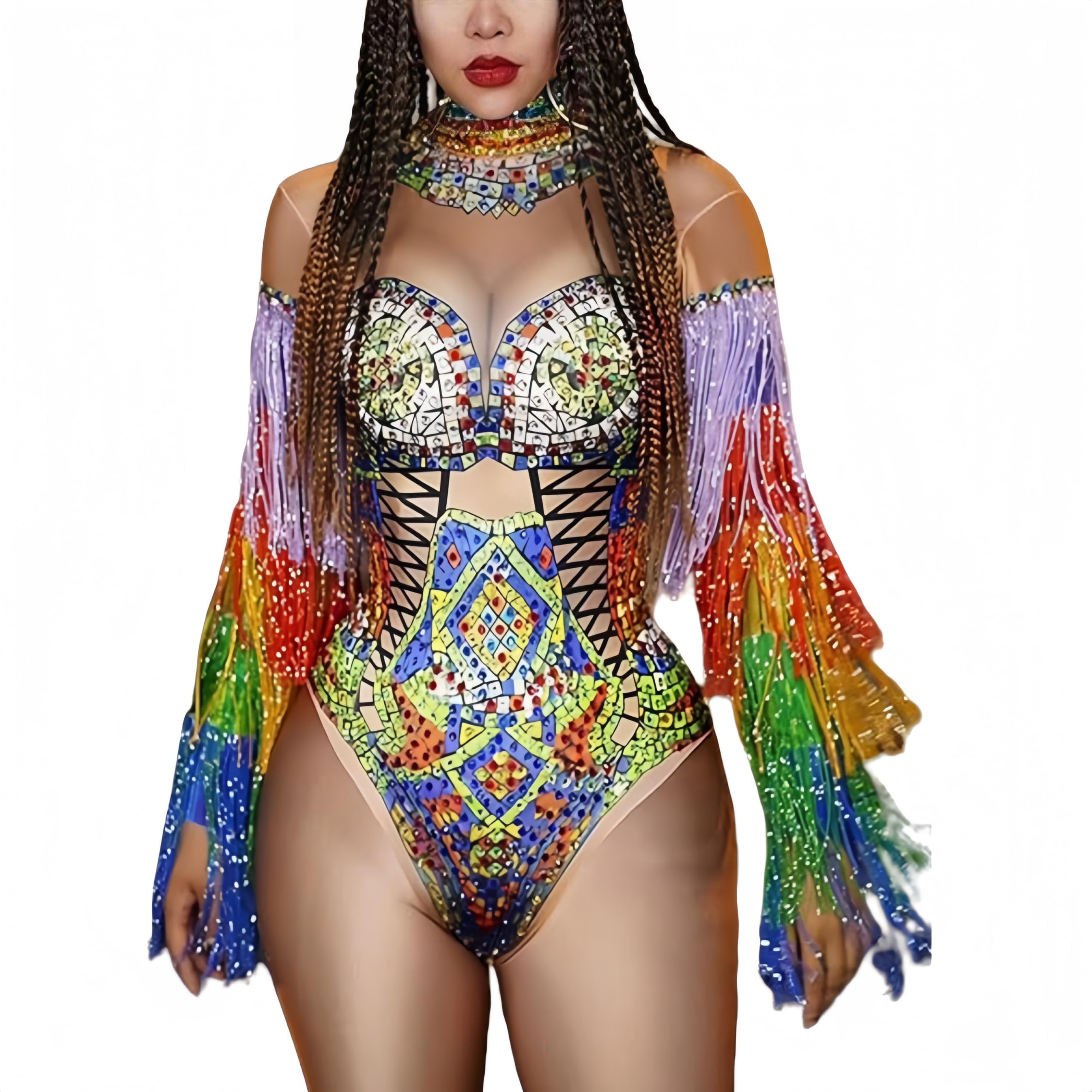 Yuantong Women's Multicolor Rhinestone Fringe Bodysuit For Dance Costumes Drag Queen Outfits Party Festival Sexy Club Night Stage Wear, One Size