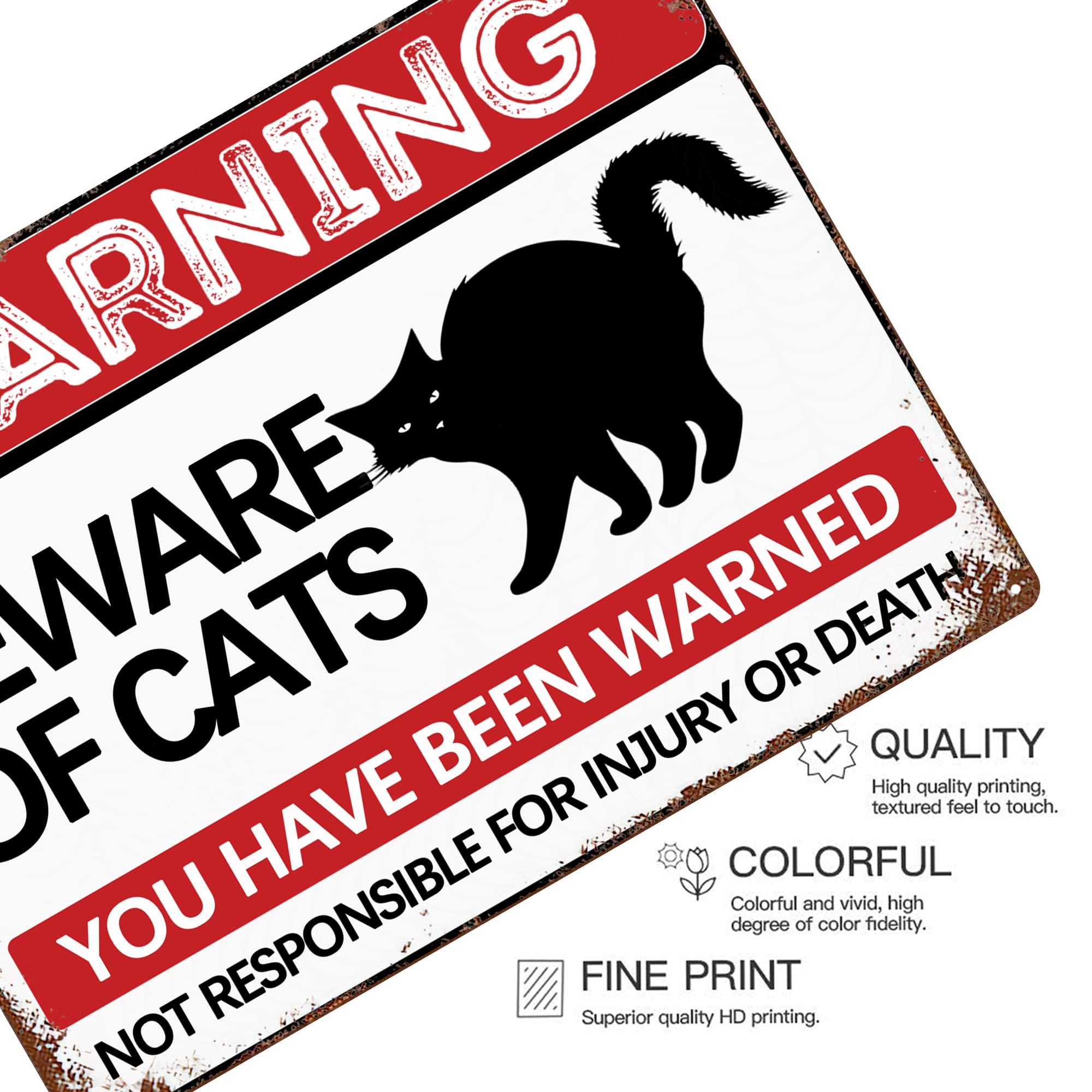 Beware The Cat Funny Tin Sign - 8x12 Inch Vintage Metal Warning Sign For Cat Lovers