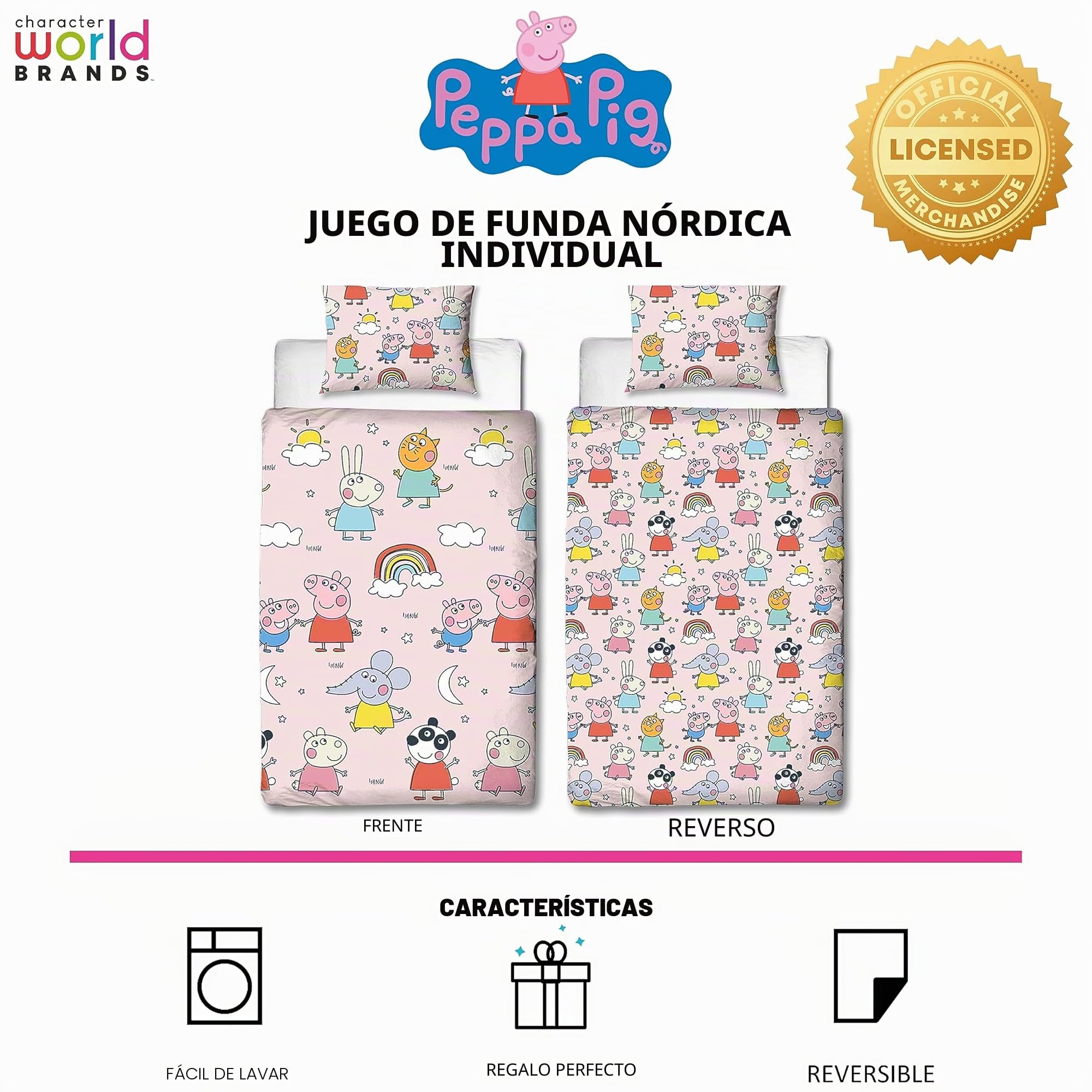 Character World Peppa Pig and Friends - Juego de funda de edredón oficial para cama individual, diseño colorido y juguetón, ropa de cama reversible de 2 caras, incluye funda de almohada a juego, color
