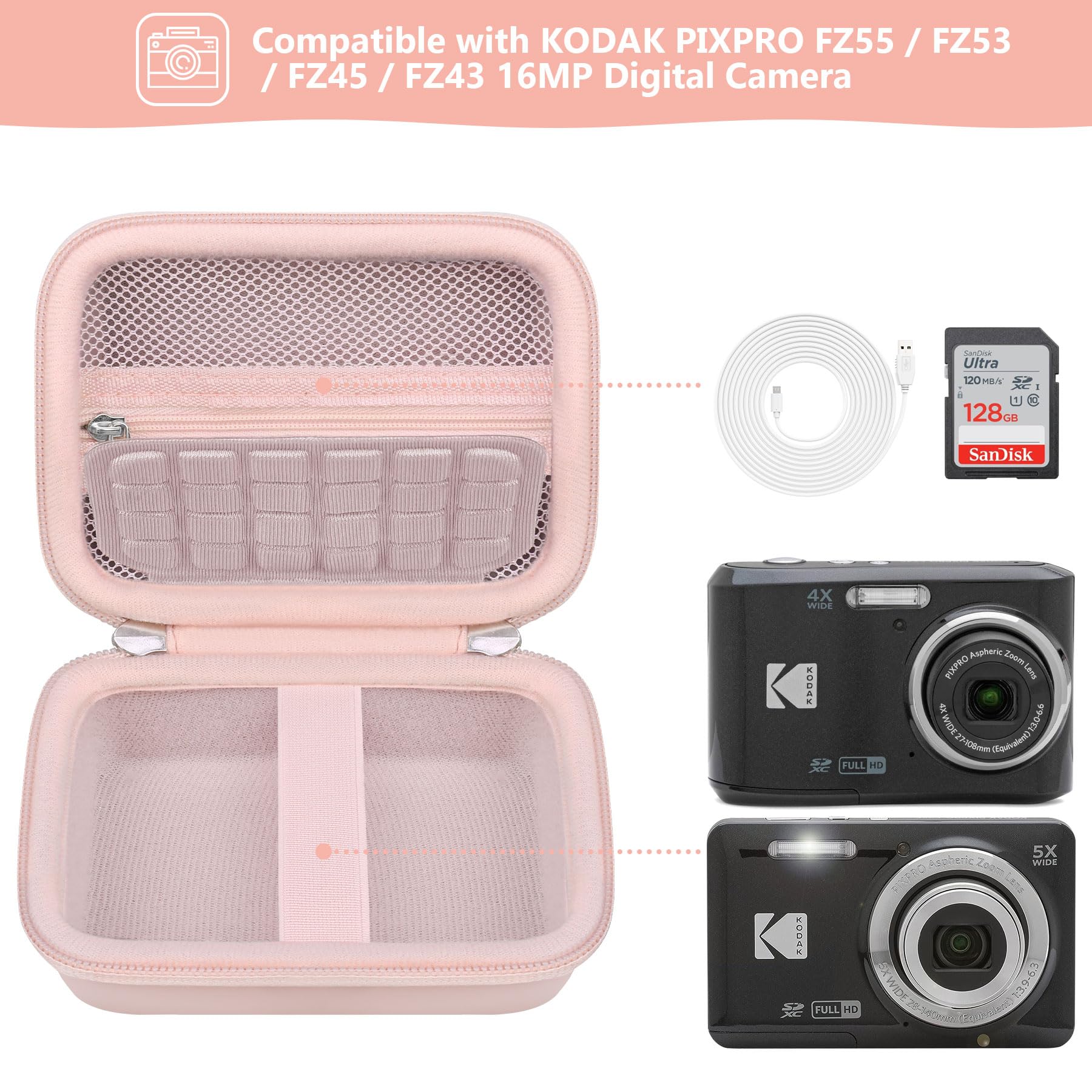 Cassa per fotocamera digitale compatibile con fotocamera digitale Kodak PIXPRO FZ55 FZ45, borsa di viaggio per archiviazione della fotocamera Vlogging con tasca in rete per cavo USB, Rosa
