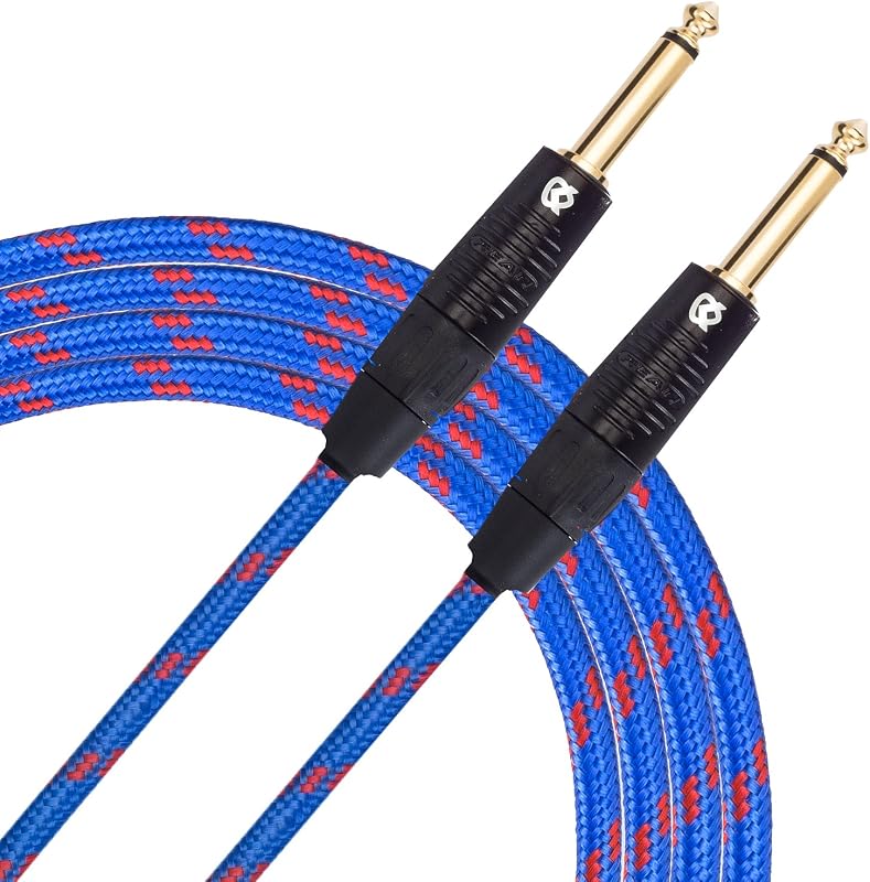 KLIQ Guitar Instrument Cable, 10 Ft - Custom Series with Premium Rean-Neutrik 1/4" Straight Gold Plugs, Blue/Red Tweed