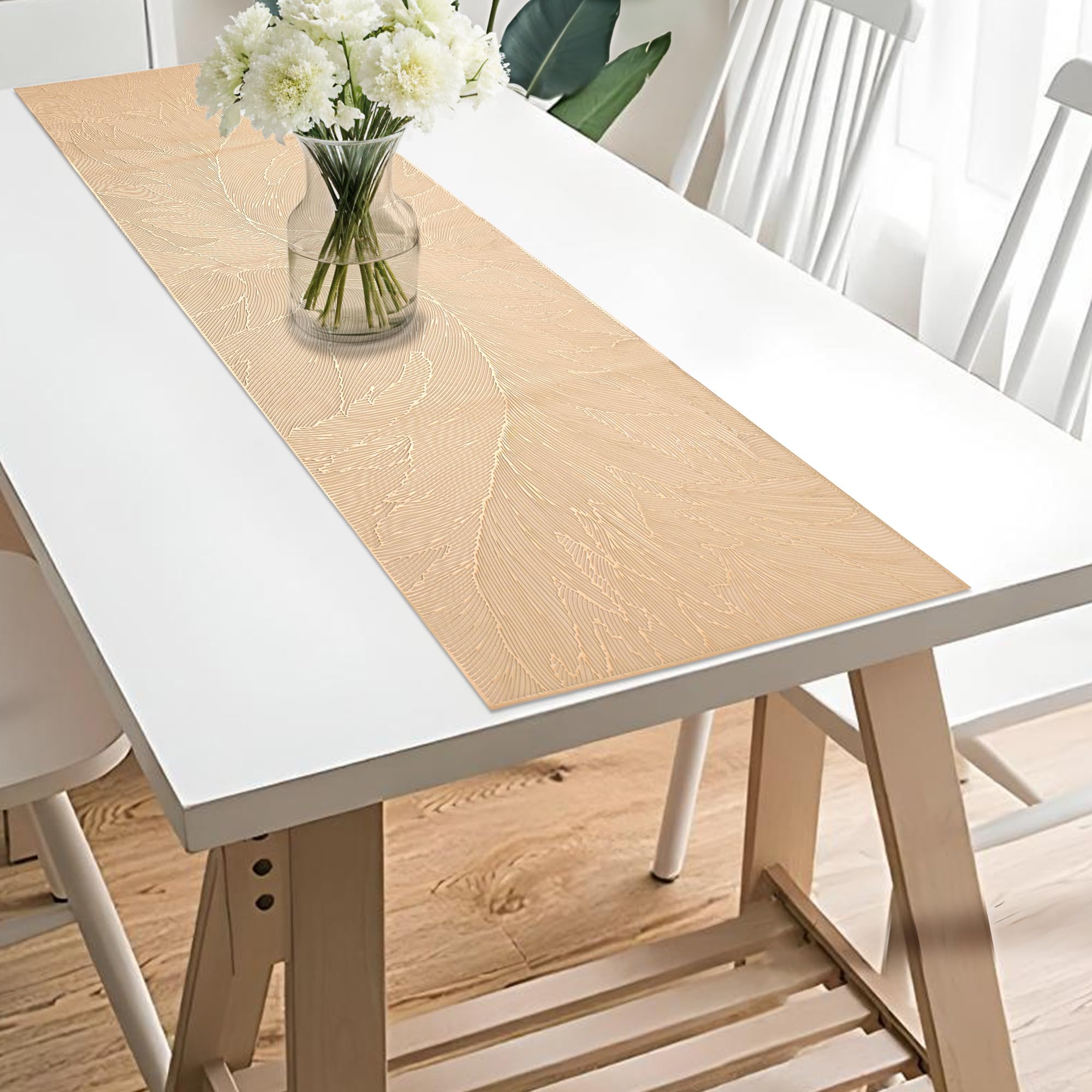 Kuber Industries Vinyl Fabric 16x36 Inch Dining Table Runner 4 Seater | Waterproof Center Table Runner for Living Room, Home Decor and Office Use | Golden Feather-image-48