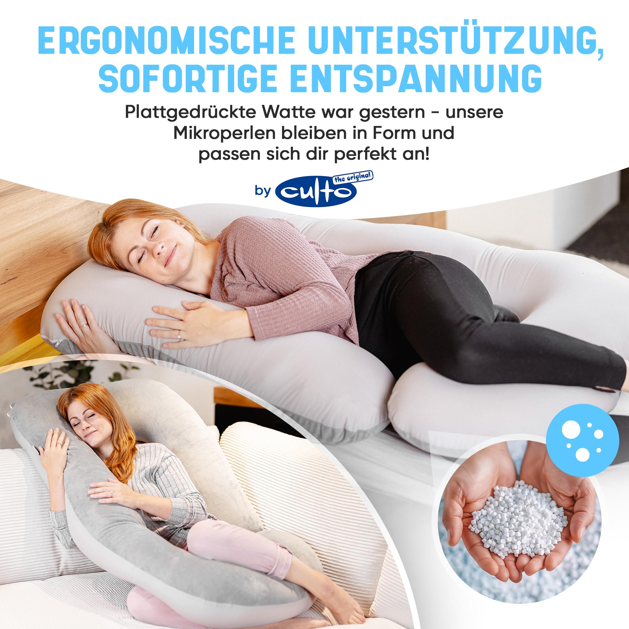 Seitenschläferkissen Schlafkissen mit Bezug - Schwangerschaftskissen bequemes Stillkissen XXL Mikroperlen waschbar | Winter- und Sommerseite Seitenschläfer Kissen | Füllmenge individuell anpassbar
