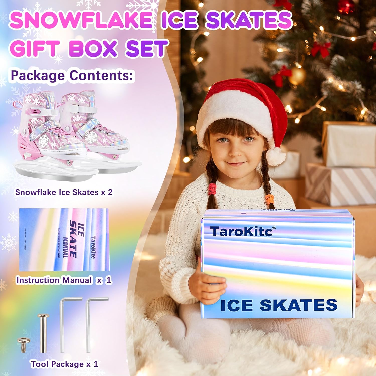 TaroKitc (タロキット) 調節可能なガールズアイススケート 子供用 4サイズ 調節可能 キッズアイスホッケースケート ガール
