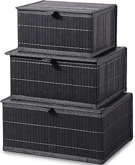 Honygebia Bamboo Decorative Storage Boxes - Set of 3 Woven Lined Storage Basket with Lids, Black Wicker Lidded Baskets for Home Kitchen Shelf Organizer Decor