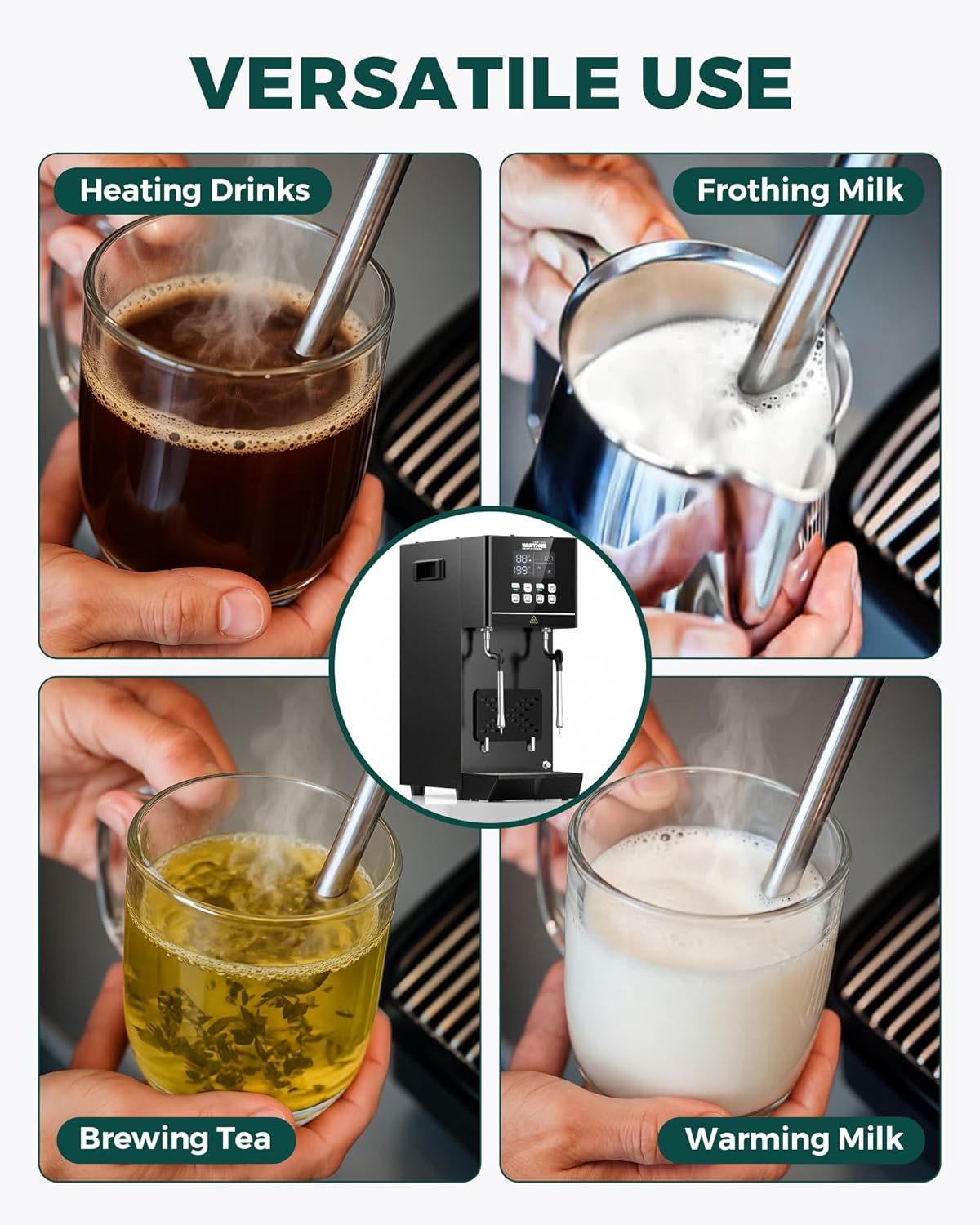 WantJoin Commercial Milk Frother & Beverage Heater - 2000W Multi-functional Milk Steamer Machine with LED Display Panel for Latte Cappuccino Coffee Milk Tea Foam & Hot Water Dispenser, Hotel Home Use