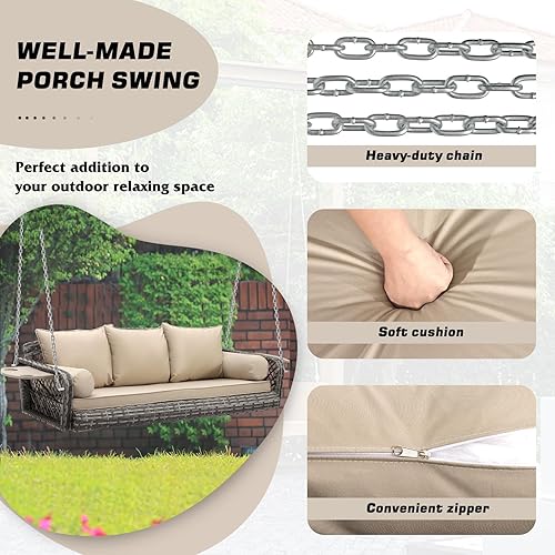 Miniatura 3 de Grepatio Columpio de mimbre para 3 personas, columpio de mimbre para patio, columpio de ratán al aire libre con cojín y almohada para jardín, patio,